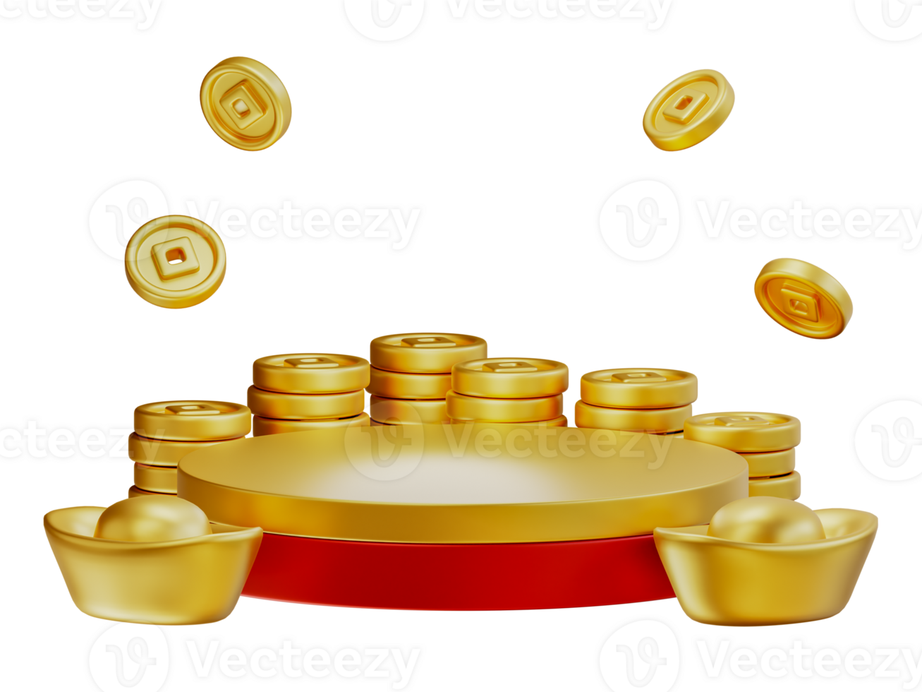 Happy chinese new year wealth and prosperity with podium, chinese money and golden coins. 3D Elements asian festival for banner, poster, flyers, greeting card. 3d rendering png