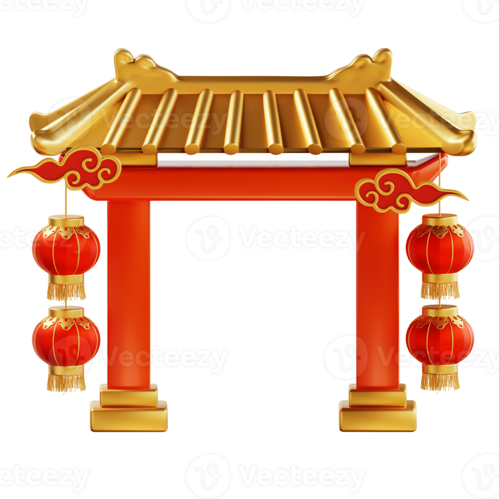 Happy chinese new year wealth and prosperity with chinese gate entrance, lanterns. 3D Elements asian festival for banner, poster, flyers, greeting card. 3d rendering png