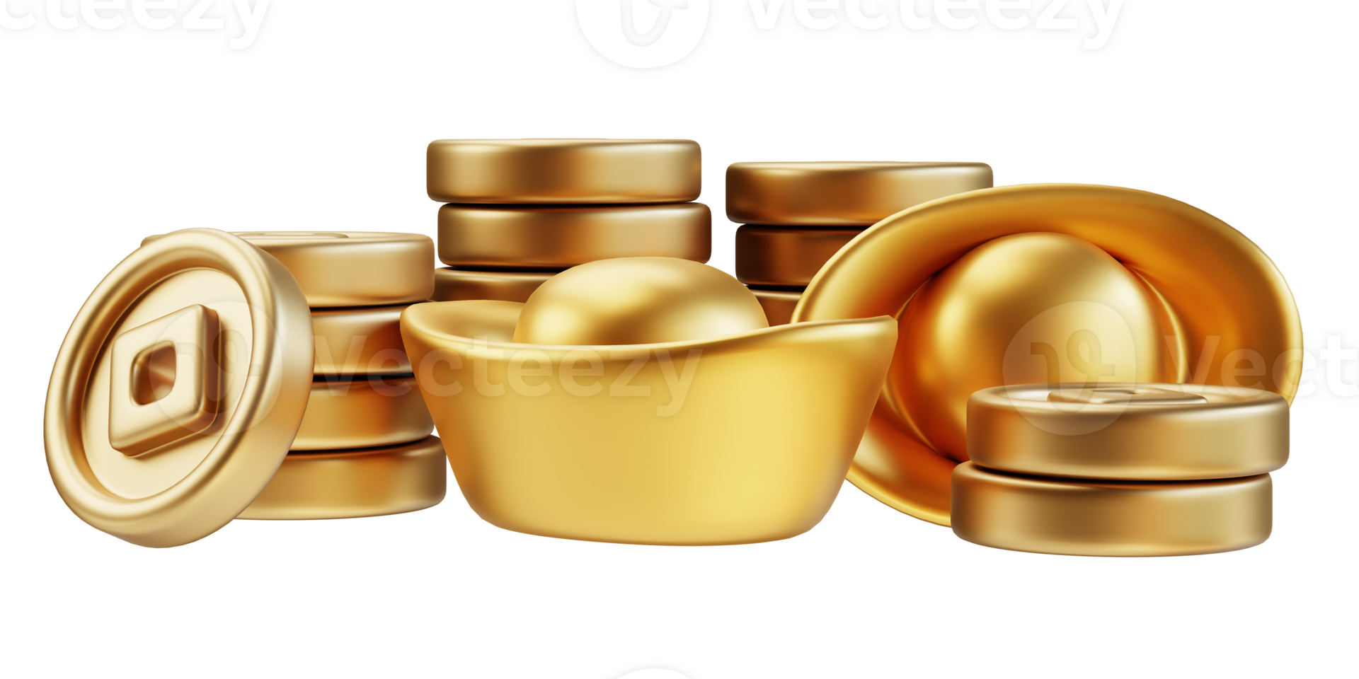 Realistic Yuan Bao Chinese gold sycee and coin. Imperial gold YuanBao iambic. 3D Elements asian festival for banner, poster, flyers, greeting card. 3d rendering png