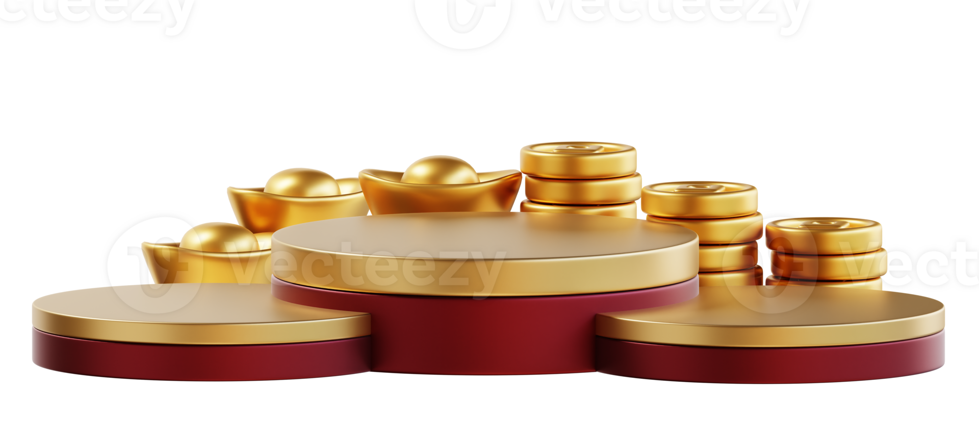 Happy chinese new year wealth and prosperity with podium, chinese money and golden coins. 3D Elements asian festival for banner, poster, flyers, greeting card. 3d rendering png