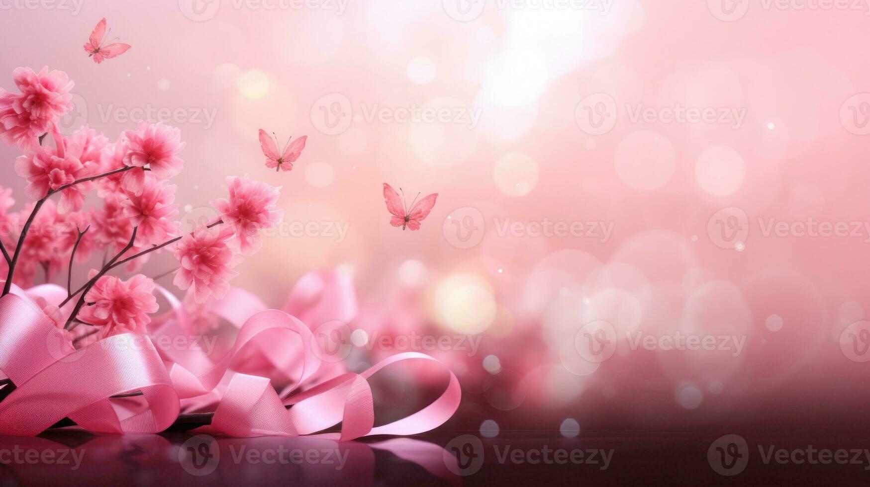 Pink ribbon with butterfly and flower decoration. Design for International Women's Day, breast cancer awareness, Mother's day, Valentine's Day. Concept design for ad, social media. Generative AI photo