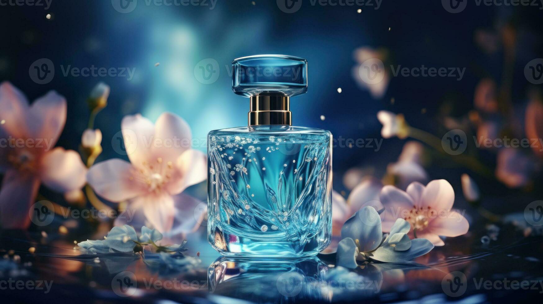 AI generated Luxury perfume, cosmetic premium glass bottle. Banner, poster for beauty promotion of elegant product for ads on draped silk fabric clothing elegants background with pearls. Generative AI photo