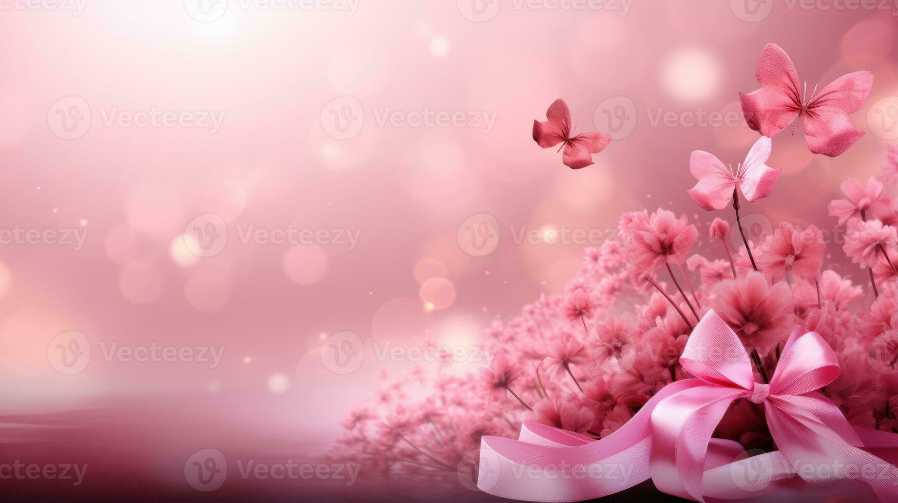 Pink ribbon with butterfly and flower decoration. Design for International Women's Day, breast cancer awareness, Mother's day, Valentine's Day. Concept design for ad, social media. Generative AI photo