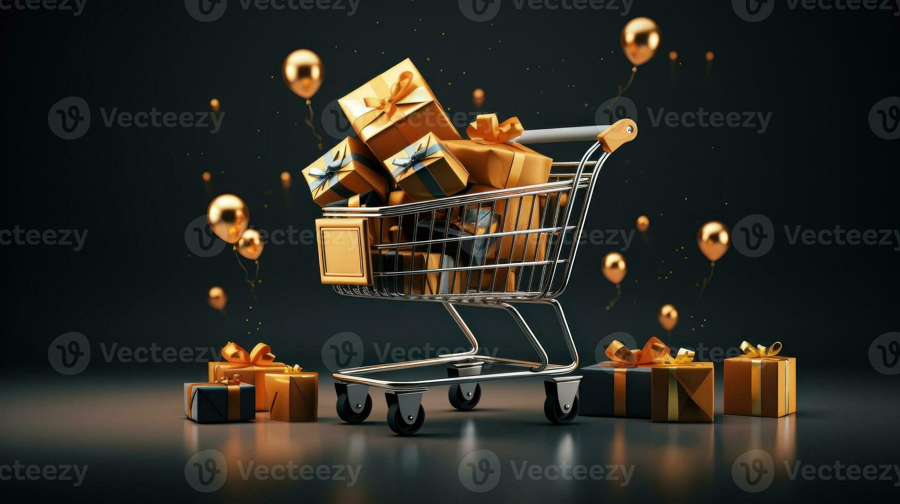 negro viernes rebaja concepto. compras carro con regalo cajas y globos en un oscuro escena. descuento o rebaja márketing anuncio para póster, anuncios, web bandera, volantes, pancartas, folleto. generativo ai foto