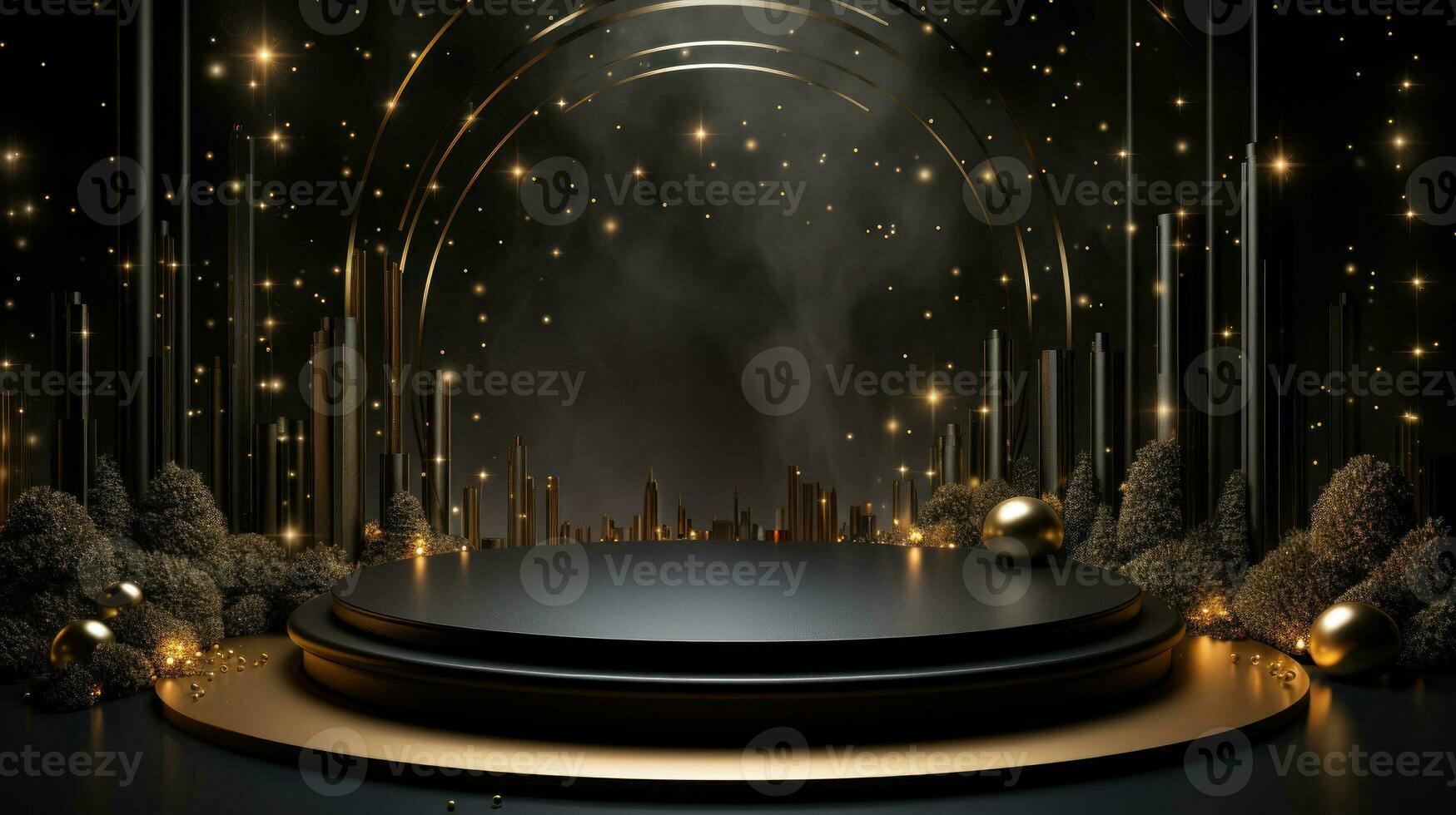 Luxury Black podium against sparkle lighting on dark elegant background. Design for discount, sale marketing concept, ads or product presentation, social media banner, flyer, brochure. Generative AI photo