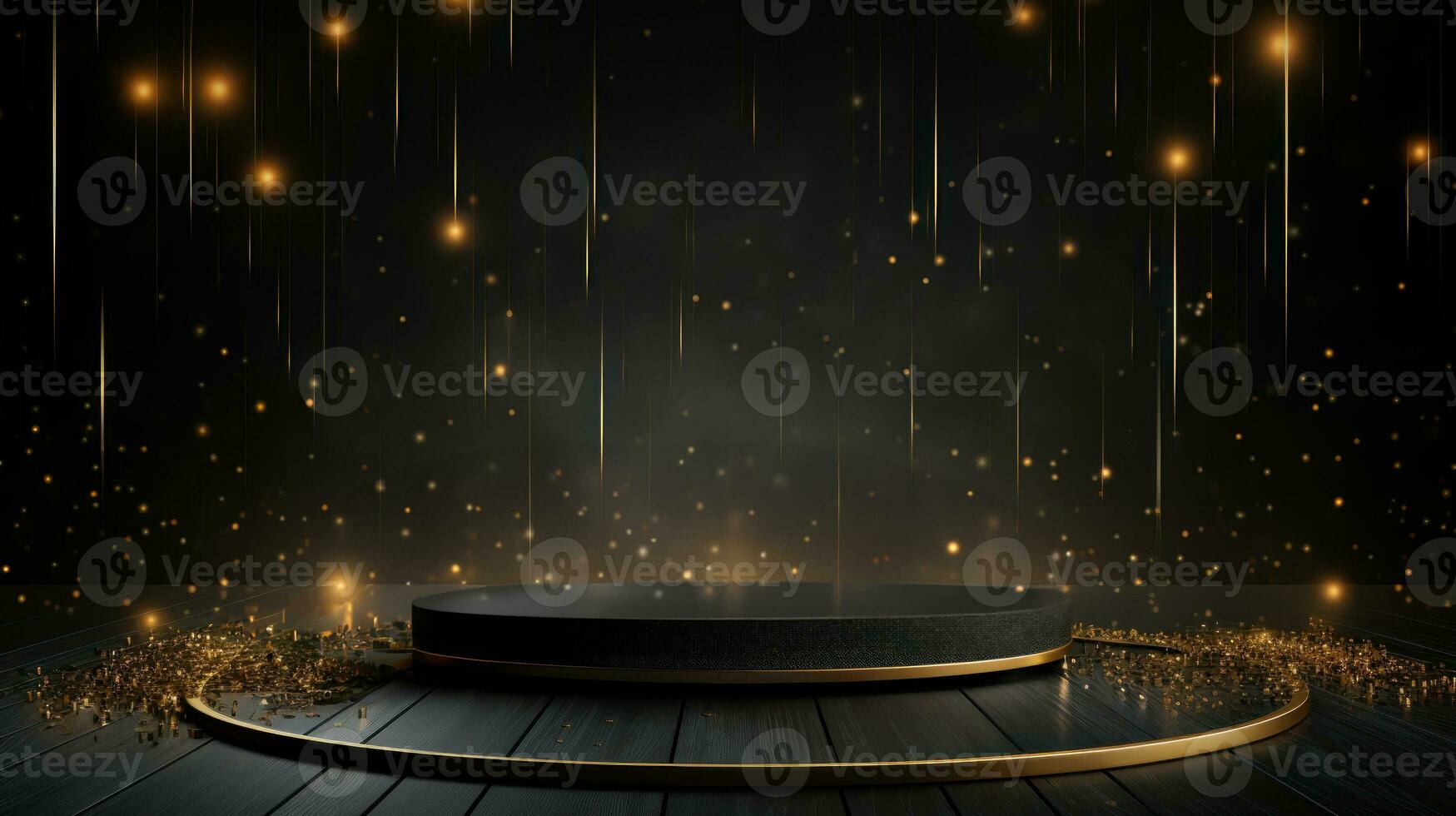 Luxury Black podium against sparkle lighting on dark elegant background. Design for discount, sale marketing concept, ads or product presentation, social media banner, flyer, brochure. Generative AI photo