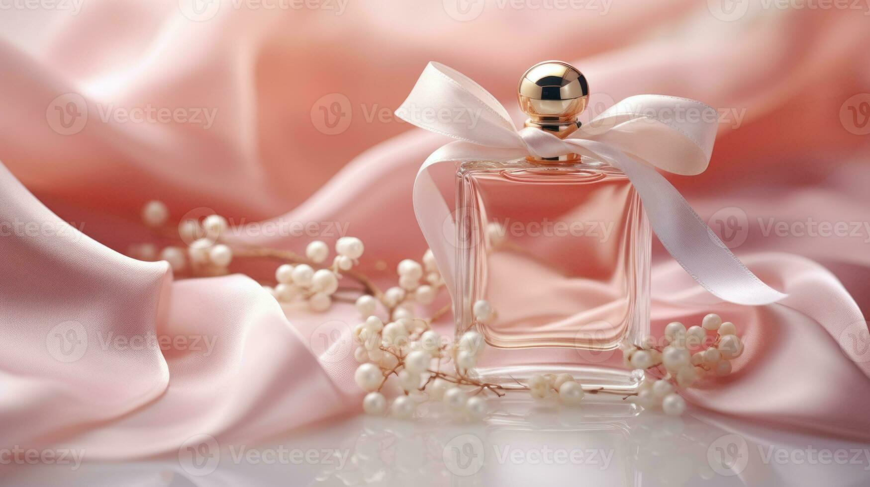 AI generated Luxury perfume, cosmetic premium glass bottle. Banner, poster for beauty promotion of elegant product for ads on draped silk fabric clothing elegants background with pearls. Generative AI photo