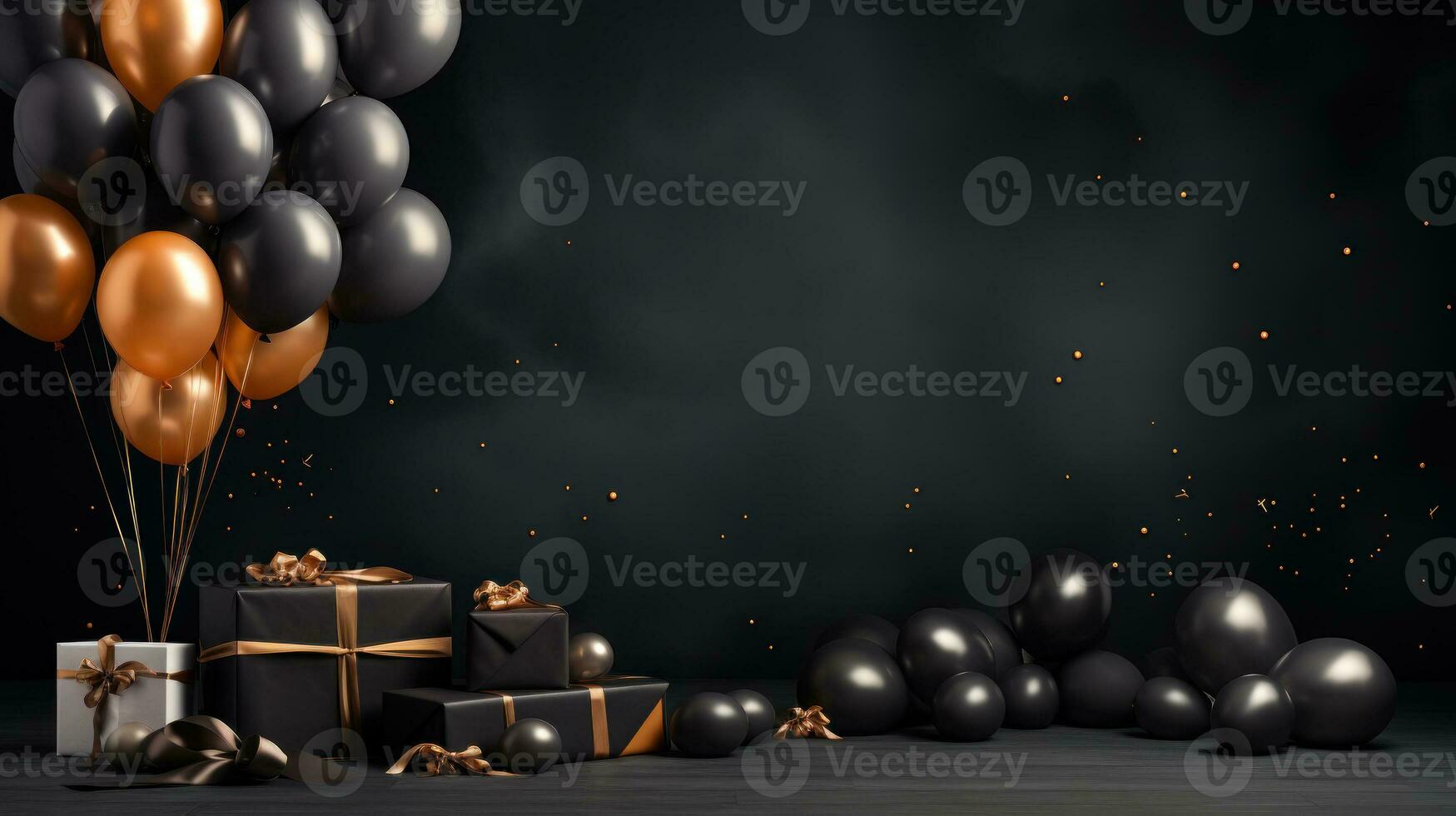 Black Friday sale background with balloon and gift boxes on a dark scene. Discount or sale marketing advertisement for poster, Ads, web banner, flyers, banners, brochure. Generative AI photo