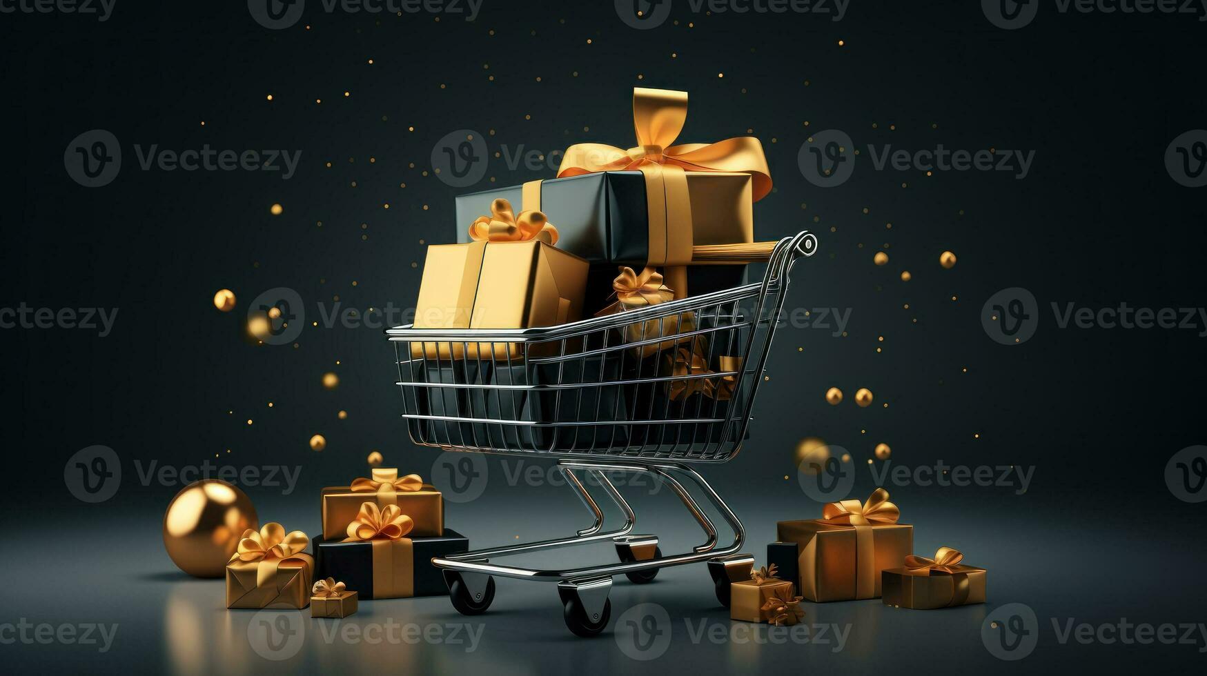 negro viernes rebaja concepto. compras carro con regalo cajas en un oscuro escena. descuento o rebaja márketing anuncio para póster, anuncios, web bandera, volantes, pancartas, folleto. generativo ai foto