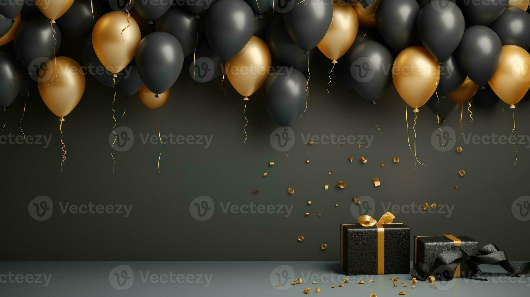 Black Friday sale background with balloon and gift boxes on a dark scene. Discount or sale marketing advertisement for poster, Ads, web banner, flyers, banners, brochure. Generative AI photo