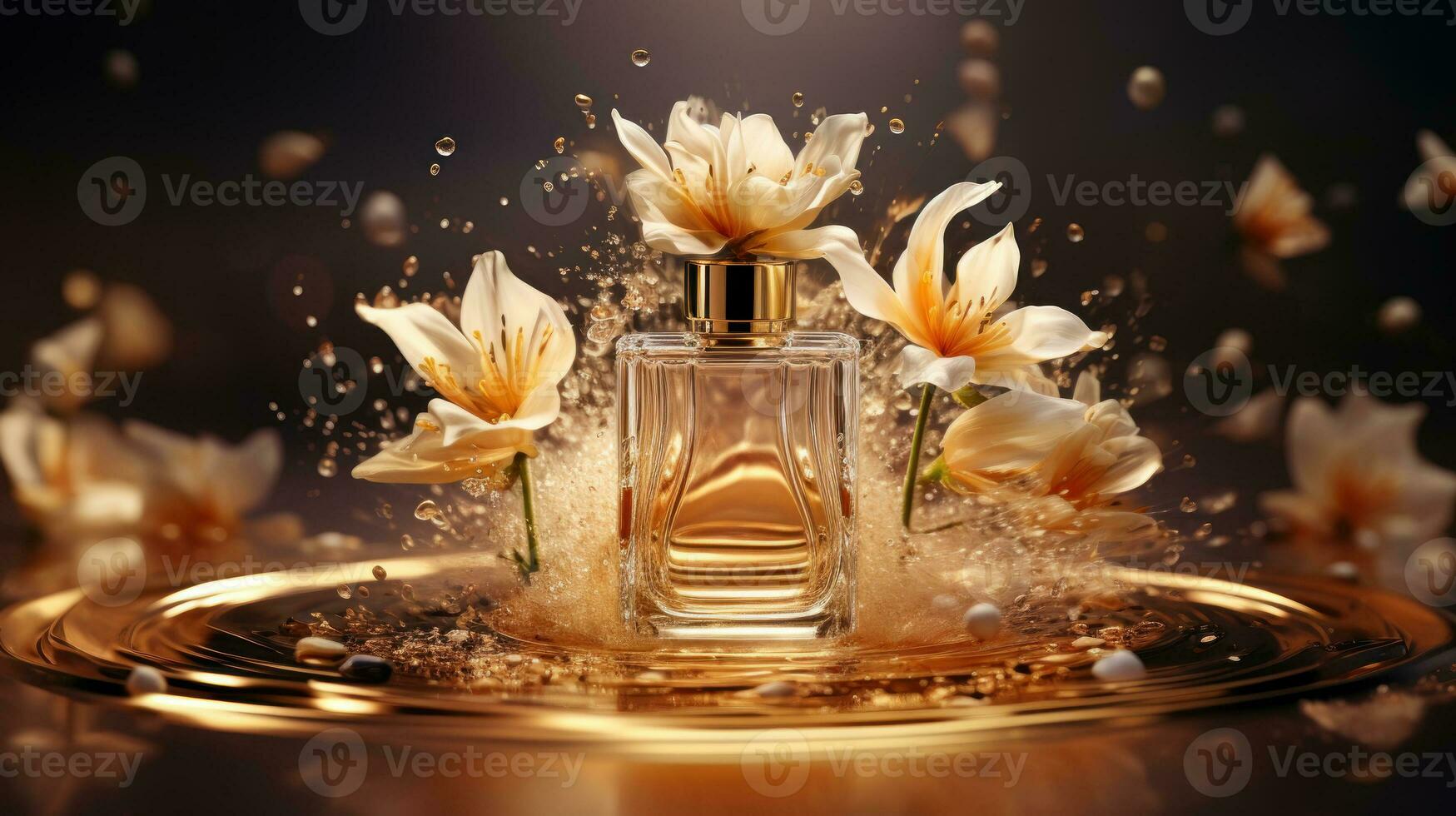 ai generado lujo perfume, cosmético prima vaso botella. bandera, póster para belleza promoción de elegante producto para anuncios en cubierto seda tela ropa elegantes antecedentes con perlas generativo ai foto