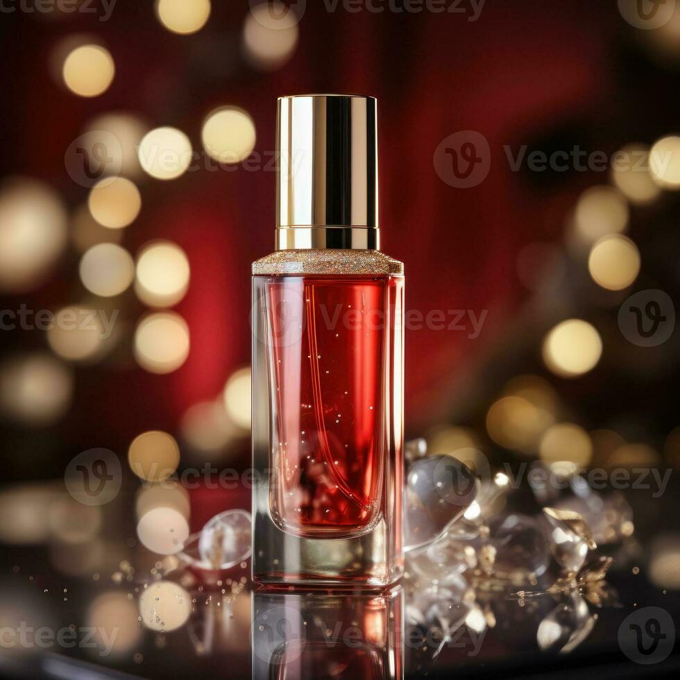 AI generated Luxury perfume, cosmetic premium glass bottle. Banner, poster for beauty promotion of elegant product for ads on draped silk fabric clothing elegants background with pearls. Generative AI photo