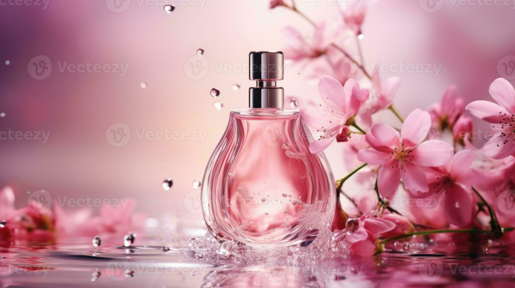 ai generado lujo perfume, cosmético prima vaso botella. bandera, póster para belleza promoción de elegante producto para anuncios en cubierto seda tela ropa elegantes antecedentes con perlas generativo ai foto