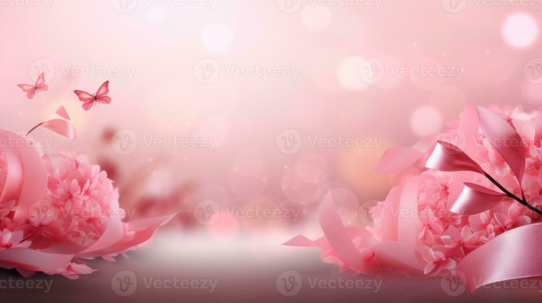 Pink ribbon with butterfly and flower decoration. Design for International Women's Day, breast cancer awareness, Mother's day, Valentine's Day. Concept design for ad, social media. Generative AI photo