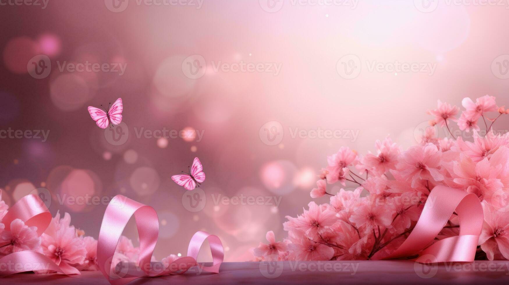 Pink ribbon with butterfly and flower decoration. Design for International Women's Day, breast cancer awareness, Mother's day, Valentine's Day. Concept design for ad, social media. Generative AI photo