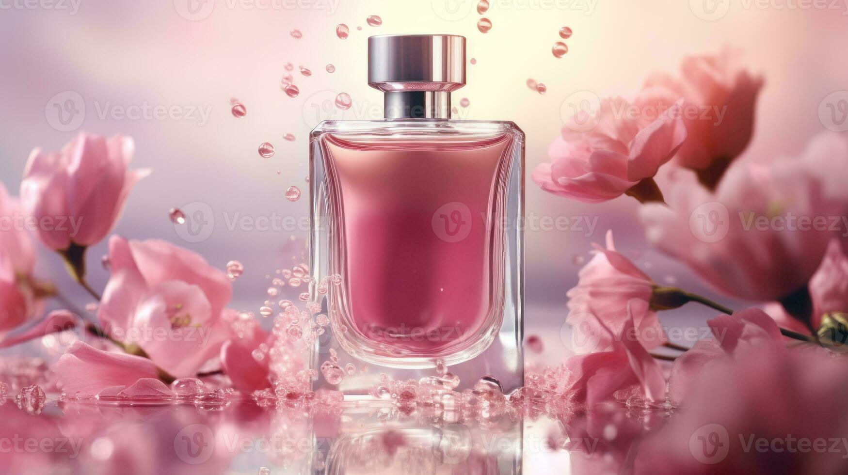 ai generado lujo perfume, cosmético prima vaso botella. bandera, póster para belleza promoción de elegante producto para anuncios en cubierto seda tela ropa elegantes antecedentes con perlas generativo ai foto