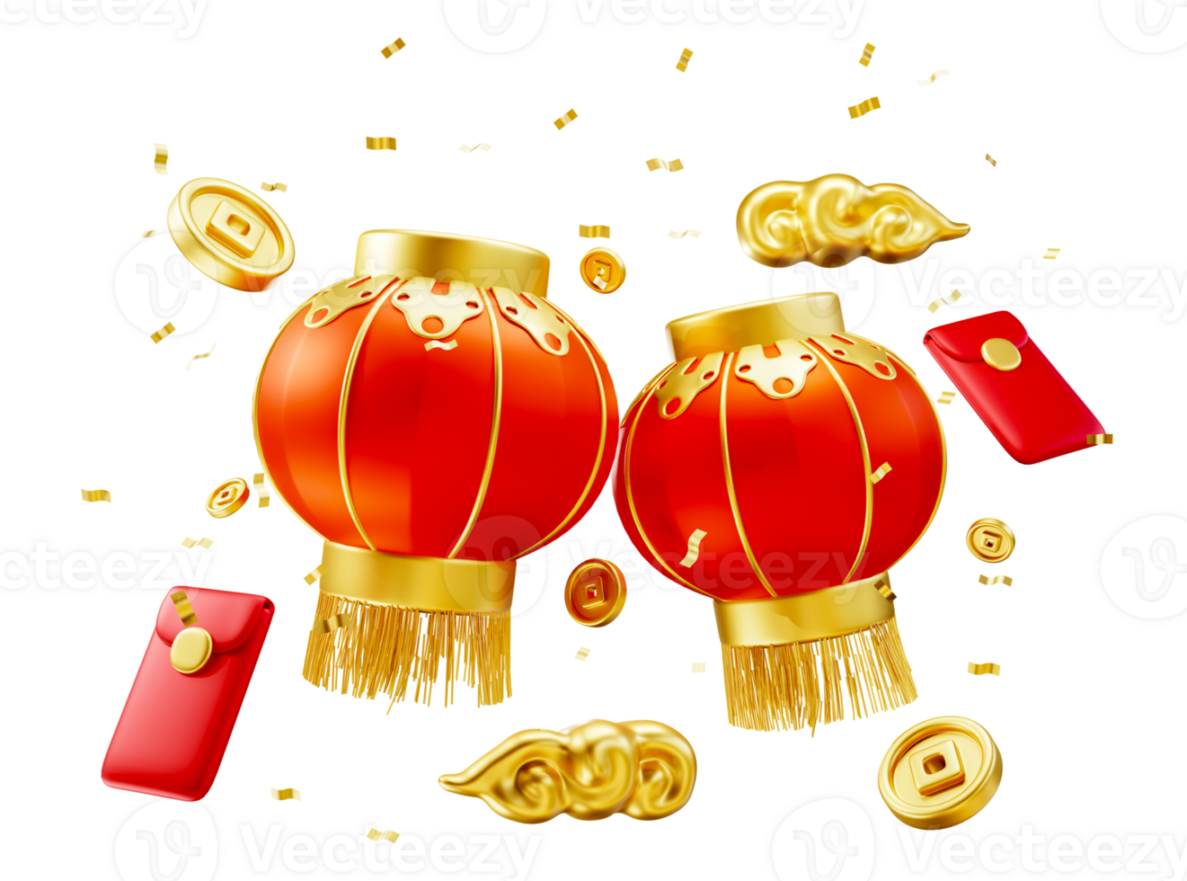 Happy chinese new year wealth and prosperity with chinese lanterns and golden coins, gold cloud and confetti. 3D Elements asian festival for banner, poster, flyers, greeting card. 3d rendering png