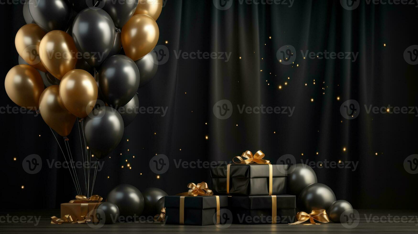 Black Friday sale background with balloon and gift boxes on a dark scene. Discount or sale marketing advertisement for poster, Ads, web banner, flyers, banners, brochure. Generative AI photo