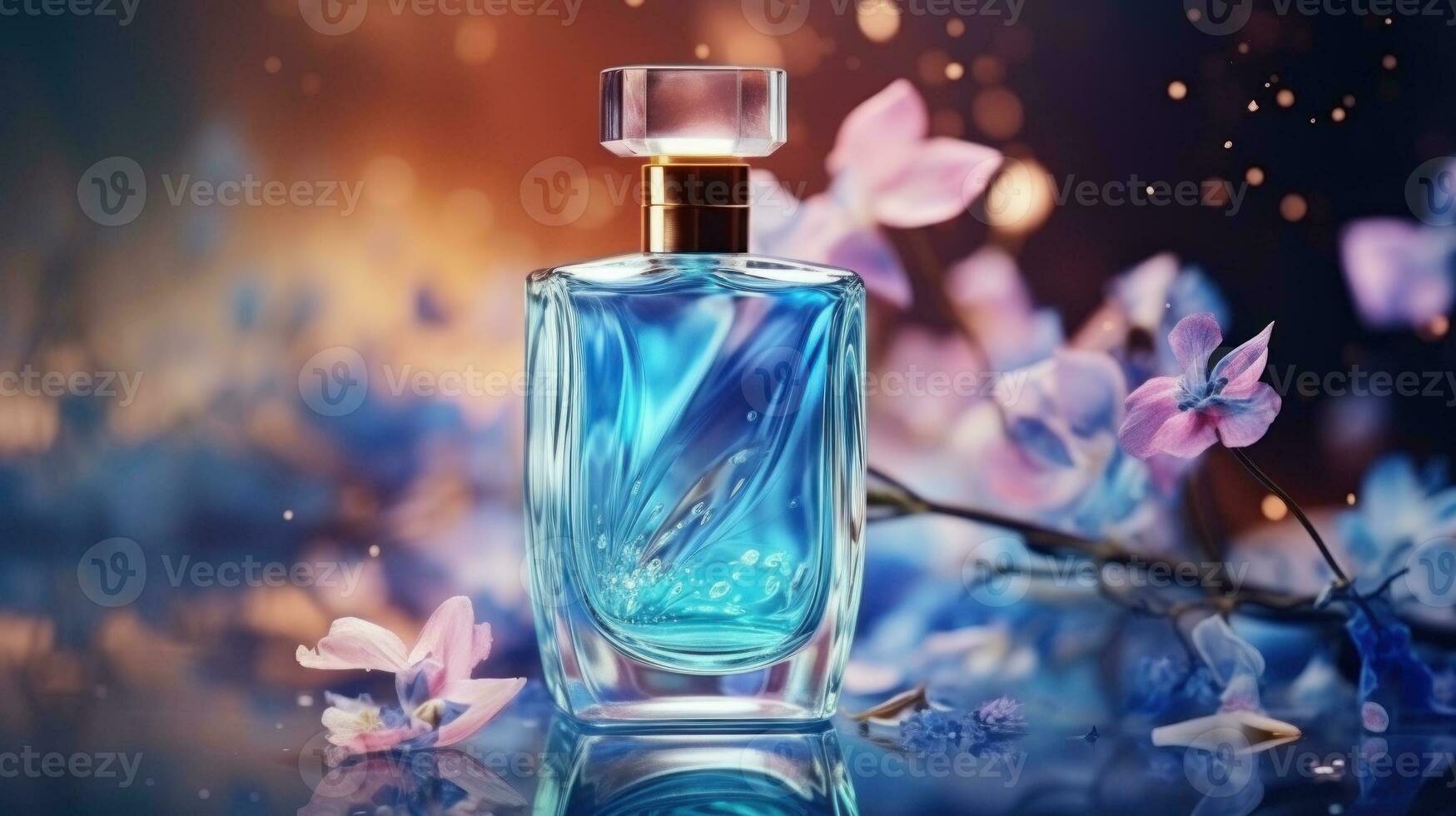 AI generated Luxury perfume, cosmetic premium glass bottle. Banner, poster for beauty promotion of elegant product for ads on draped silk fabric clothing elegants background with pearls. Generative AI photo