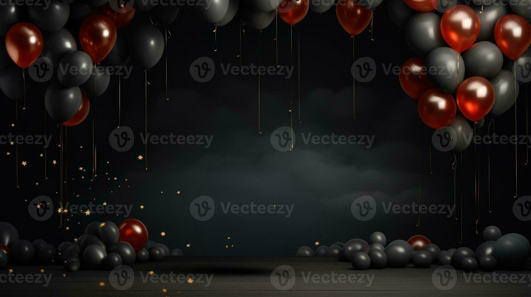 Black Friday sale background with glossy balloons on a dark scene. Discount or sale marketing advertisement for poster, Ads, web banner, flyers, social and fashion ads, brochure. Generative AI photo
