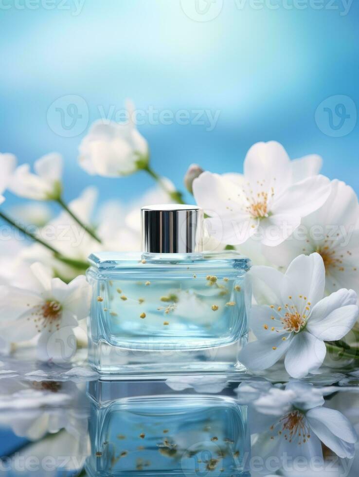 ai generado lujo perfume, cosmético prima vaso botella. bandera, póster para belleza promoción de elegante producto para anuncios en cubierto seda tela ropa elegantes antecedentes con perlas generativo ai foto