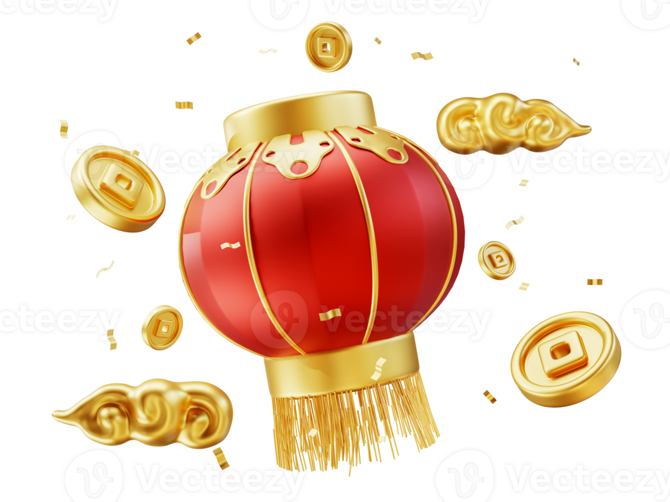Happy chinese new year wealth and prosperity with chinese lanterns and golden coins, gold cloud and confetti. 3D Elements asian festival for banner, poster, flyers, greeting card. 3d rendering png