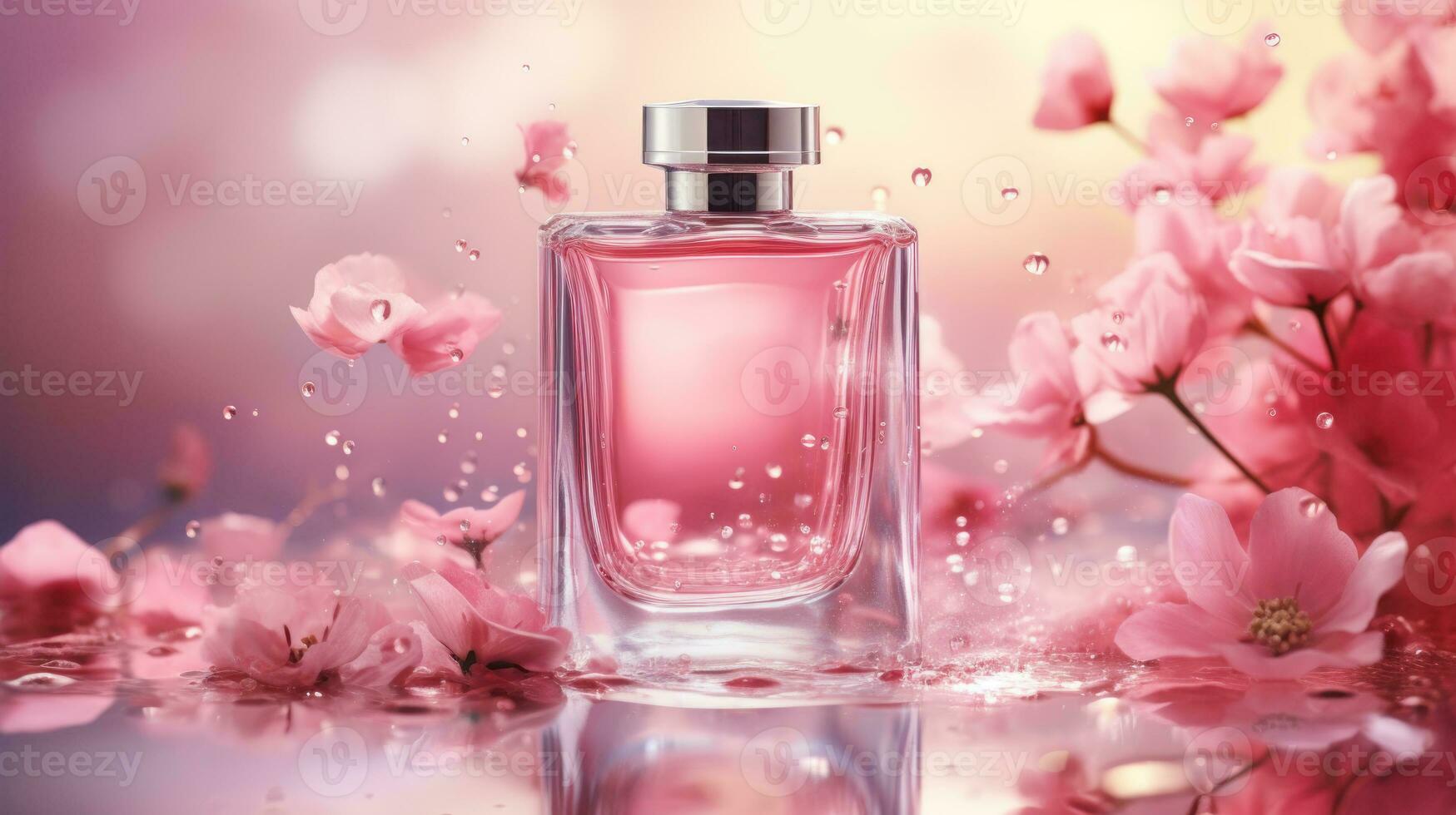 ai generado lujo perfume, cosmético prima vaso botella. bandera, póster para belleza promoción de elegante producto para anuncios en cubierto seda tela ropa elegantes antecedentes con perlas generativo ai foto