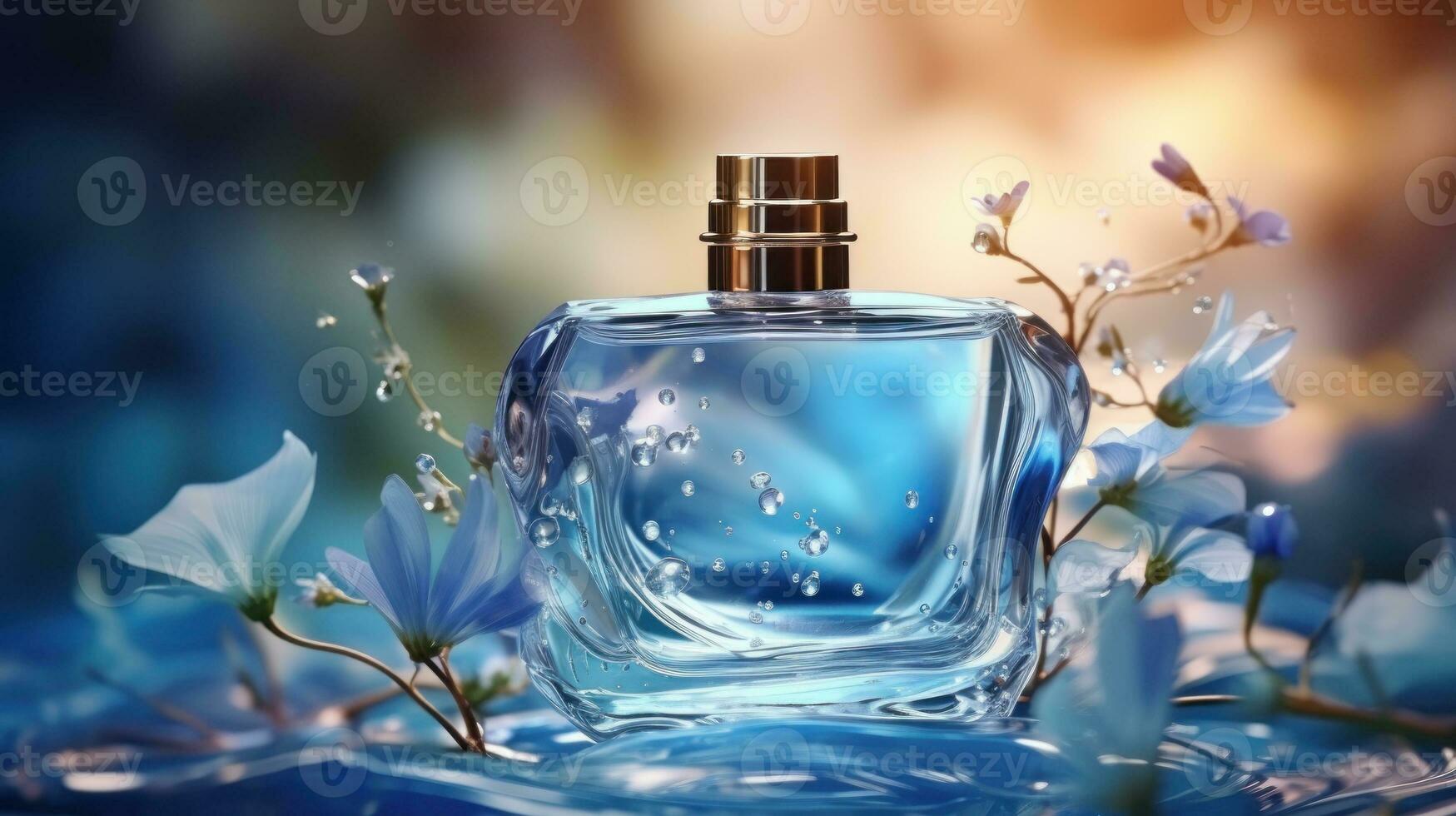 AI generated Luxury perfume, cosmetic premium glass bottle. Banner, poster for beauty promotion of elegant product for ads on draped silk fabric clothing elegants background with pearls. Generative AI photo