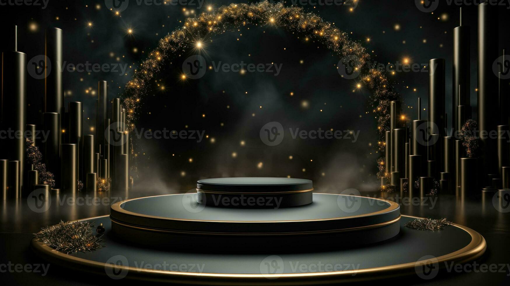 Luxury Black podium against sparkle lighting on dark elegant background. Design for discount, sale marketing concept, ads or product presentation, social media banner, flyer, brochure. Generative AI photo