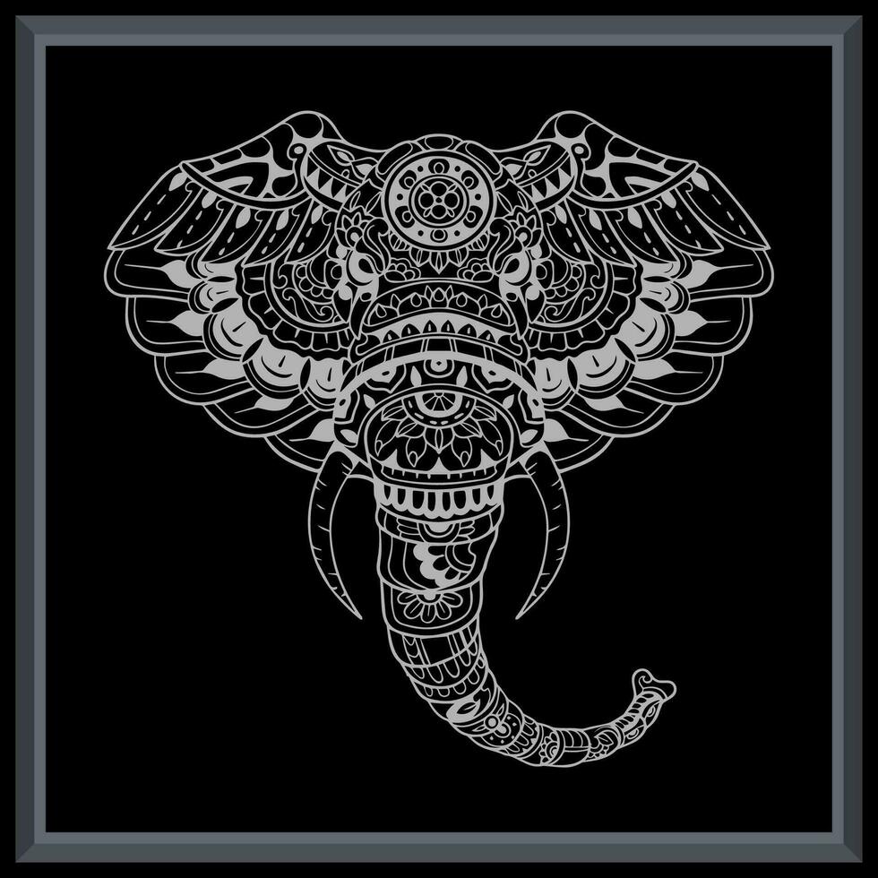 Elephant head mandala arts isolated on black background. vector