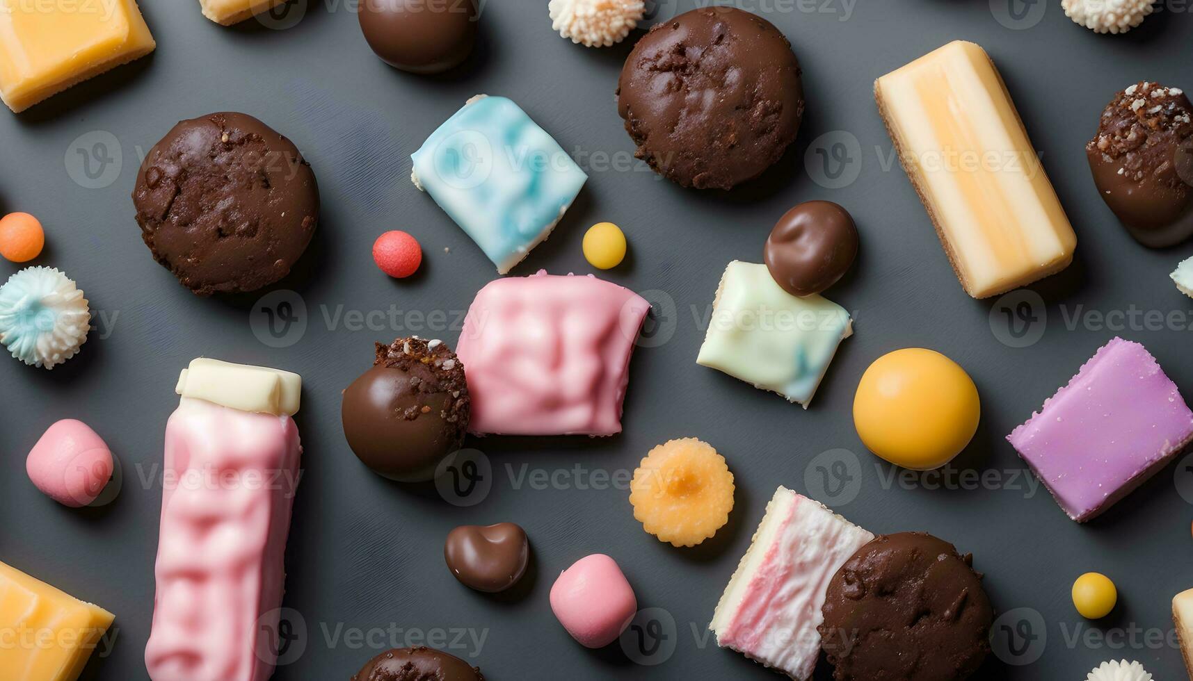 AI generated assorted sweets on a dark surface photo
