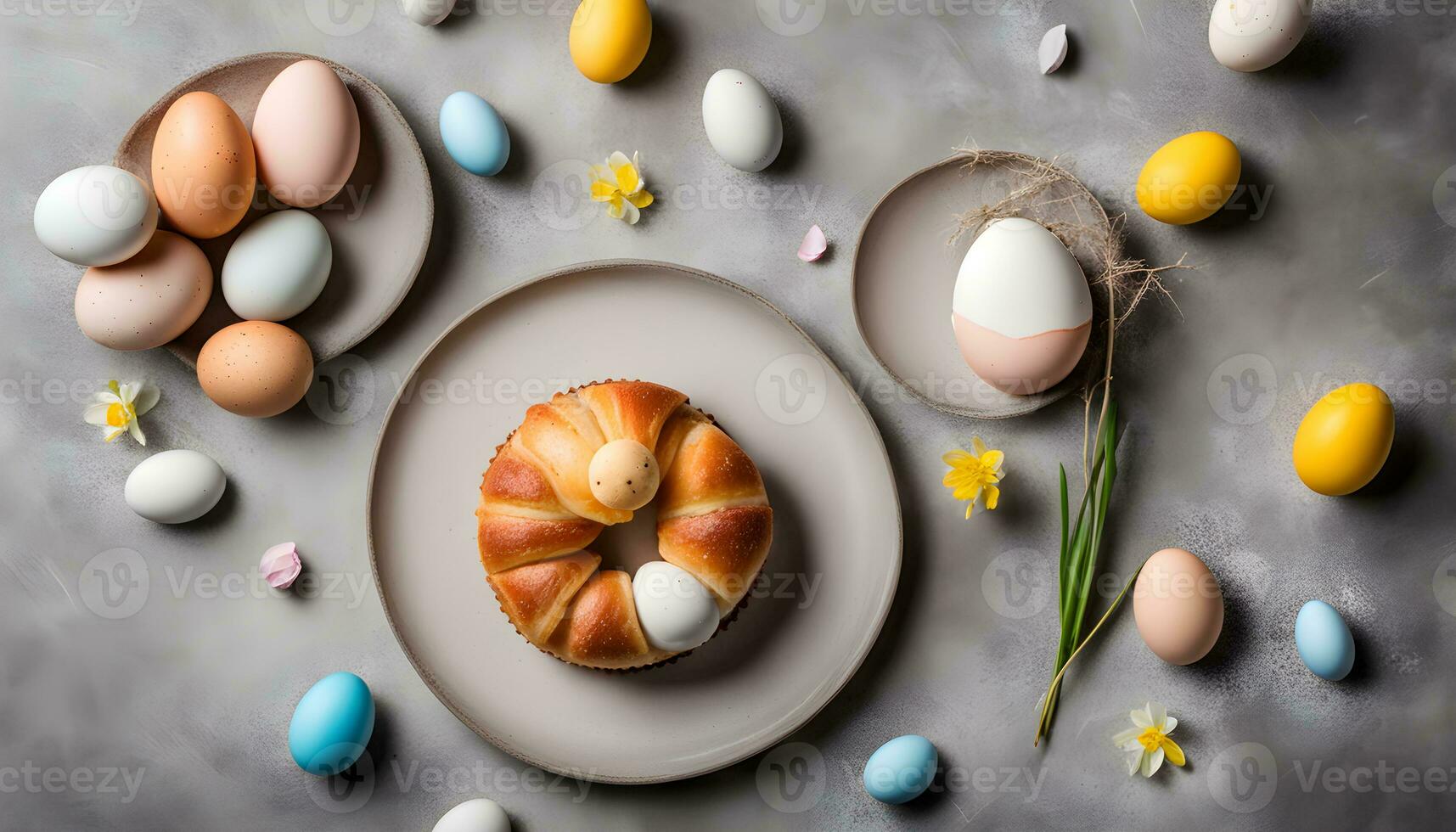 AI generated easter eggs and croissant on a plate photo