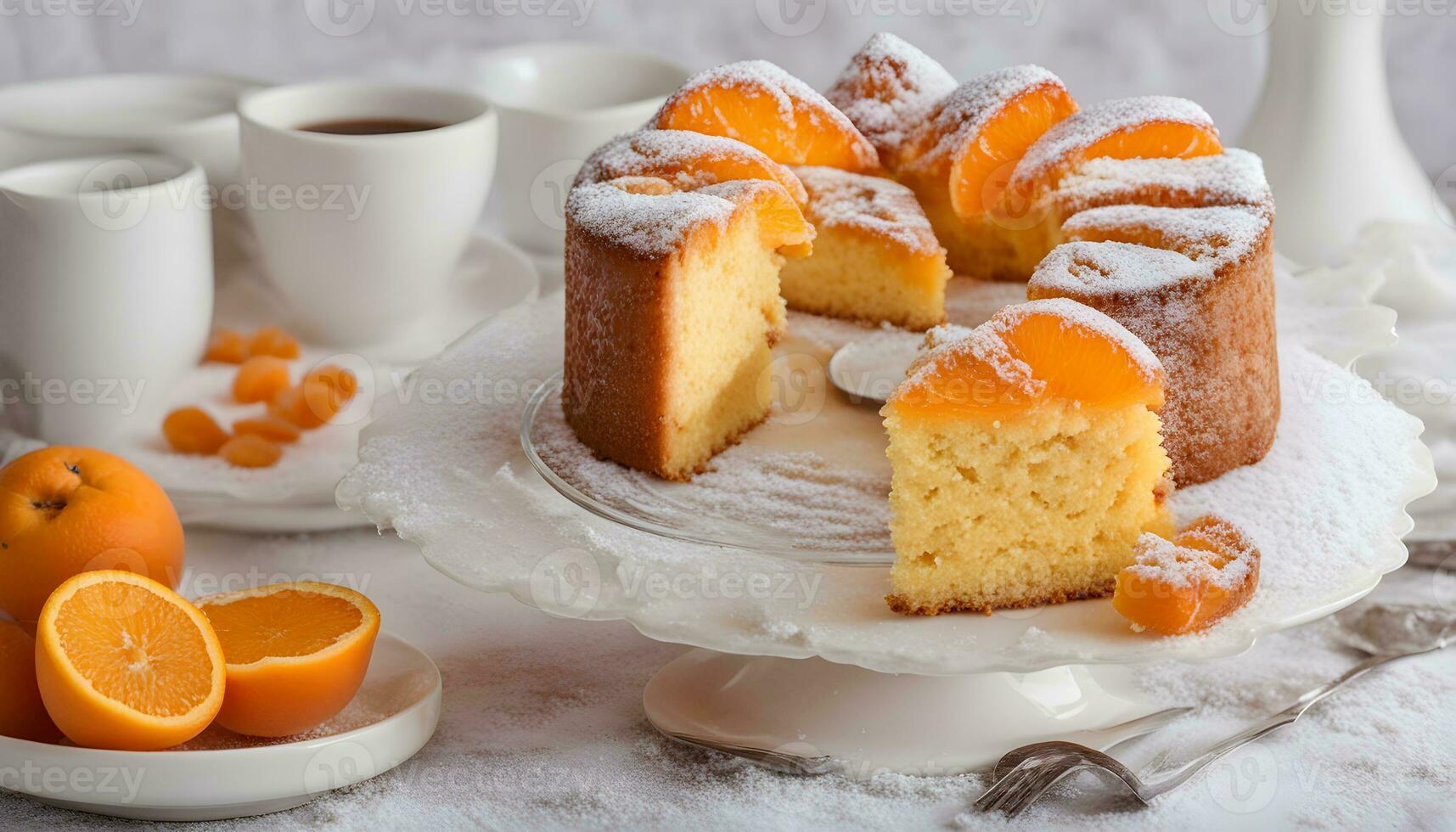 AI generated orange cake with orange slices on a white plate photo
