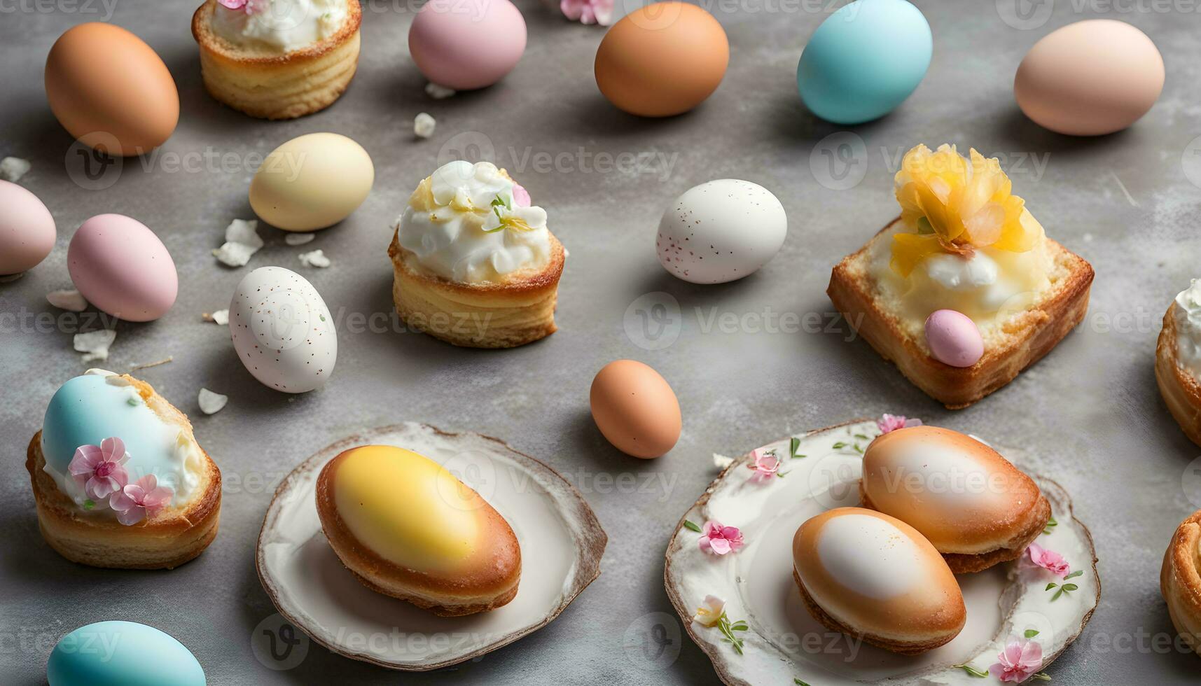 AI generated easter eggs and pastries on a table photo