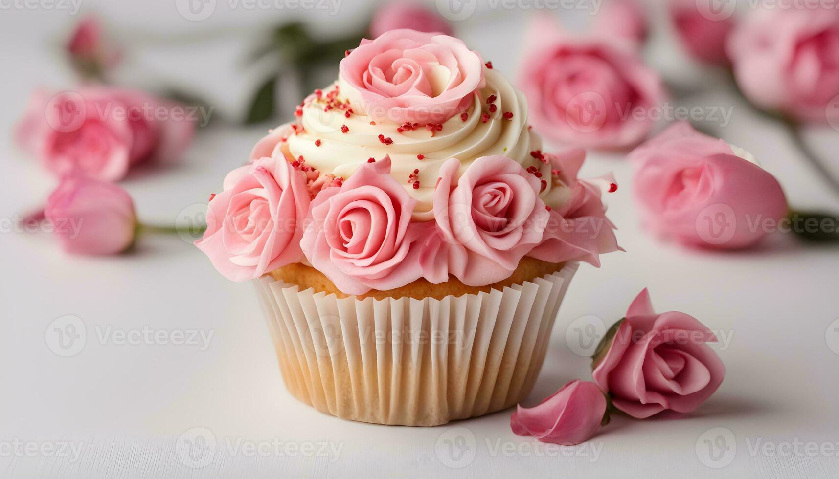 AI generated a cupcake with pink roses on a white background photo