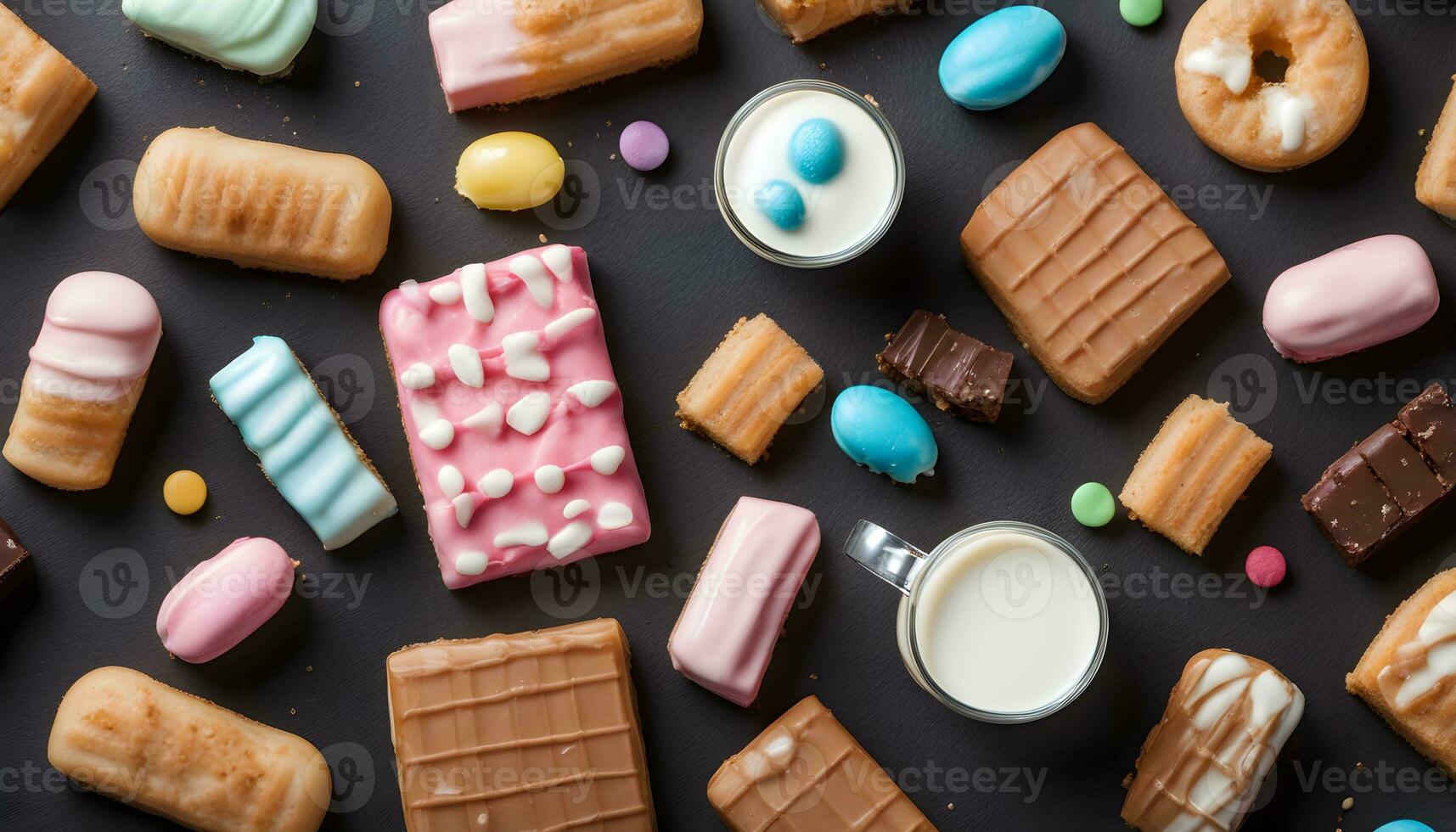 AI generated various types of cookies and candies on a black background photo