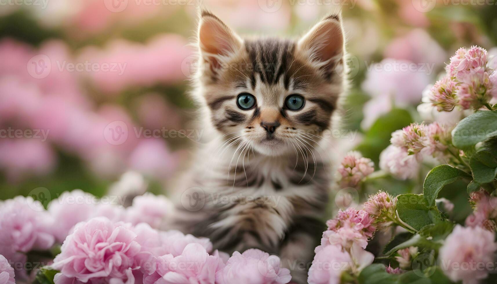 AI generated a kitten is sitting in a field of pink flowers photo