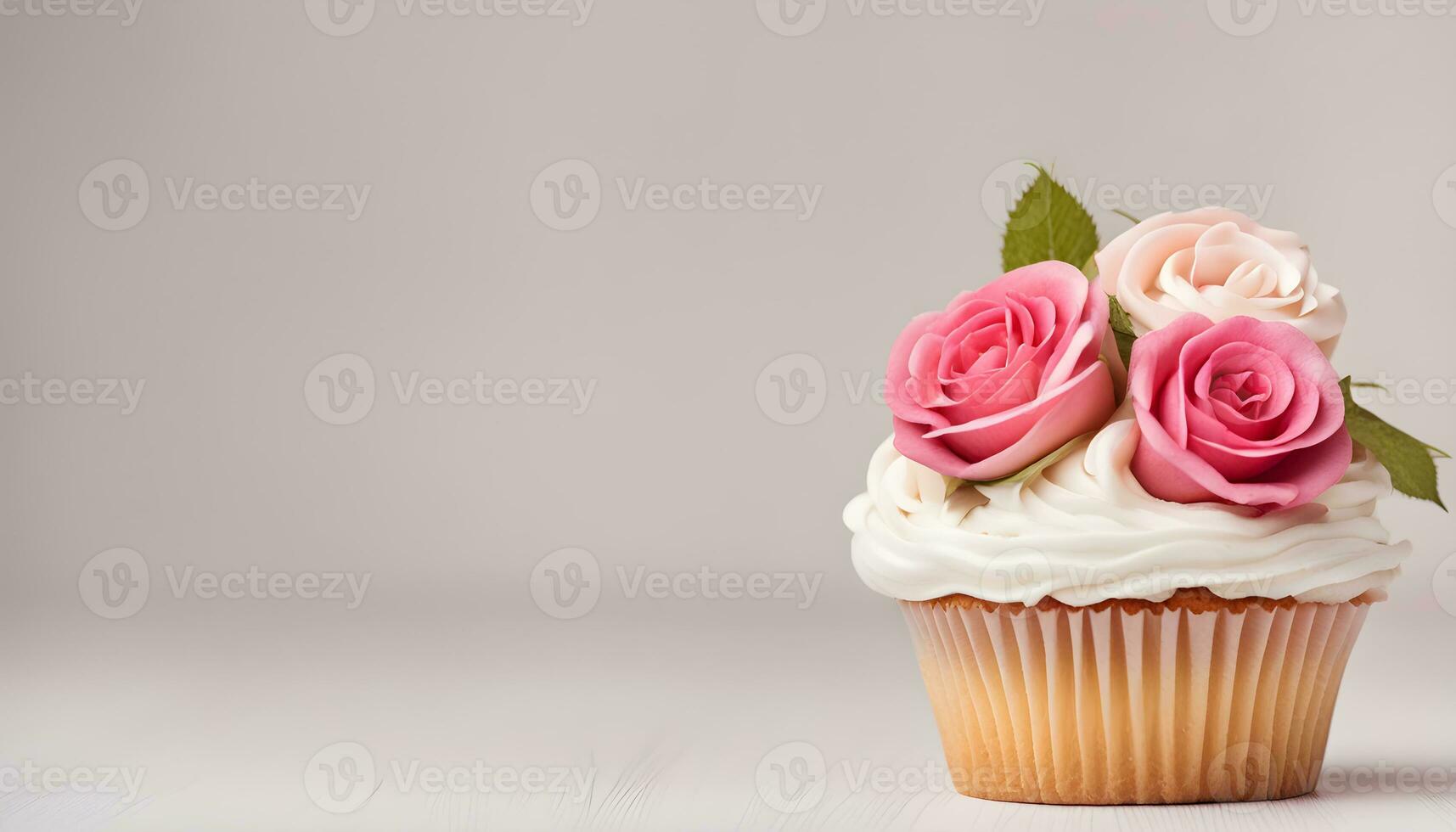 AI generated cupcake with pink roses on top of white background photo