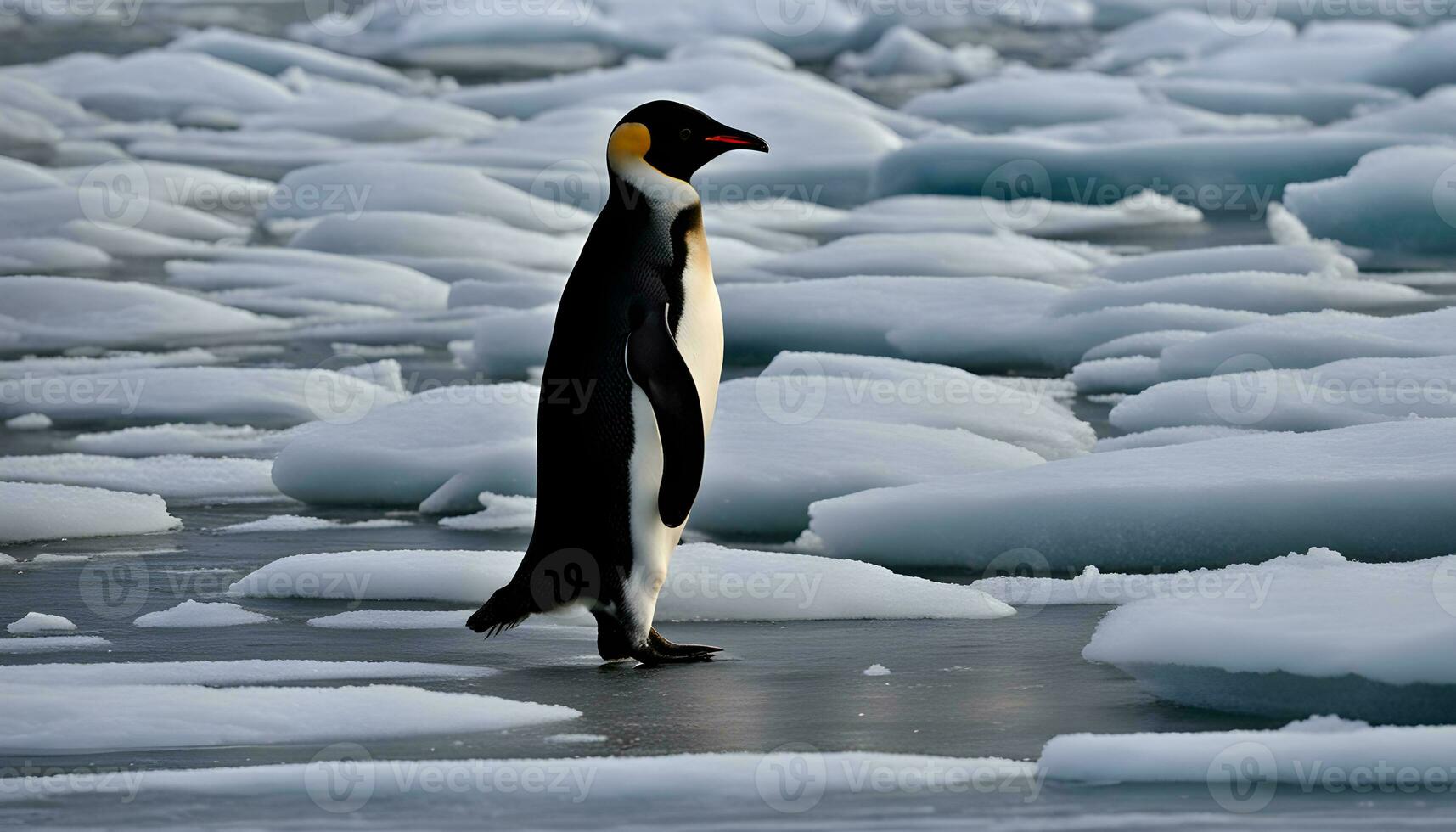AI generated a penguin standing on some ice in the ocean photo
