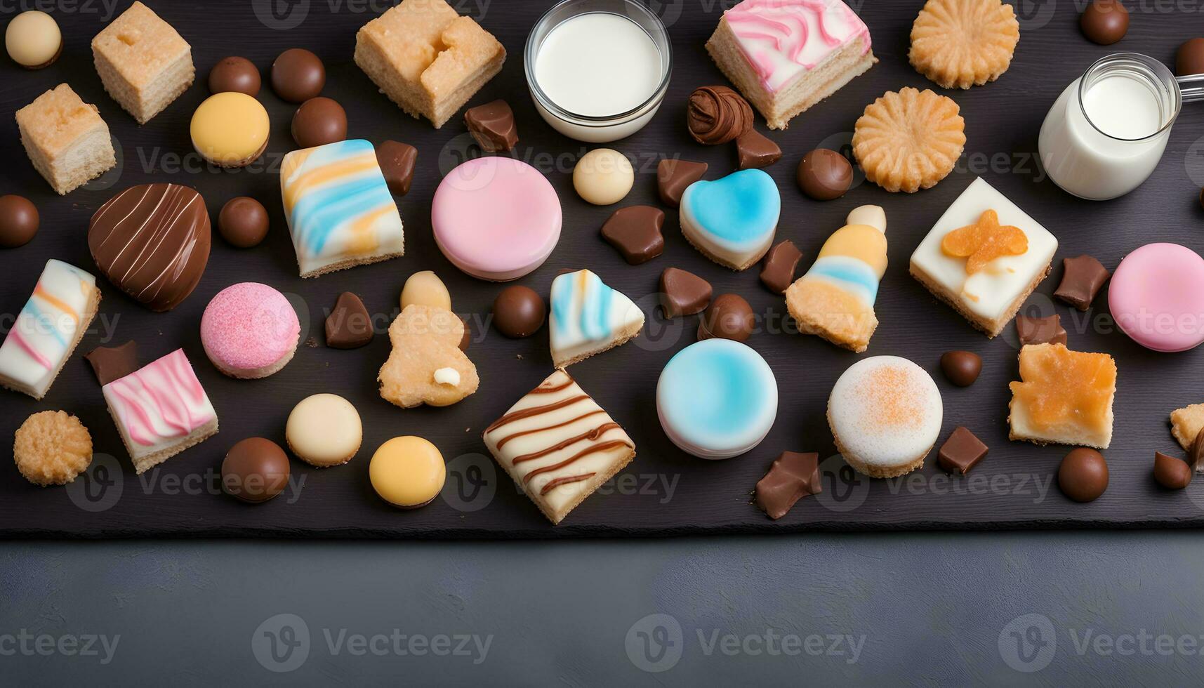AI generated assorted cookies and milk on a black slate photo
