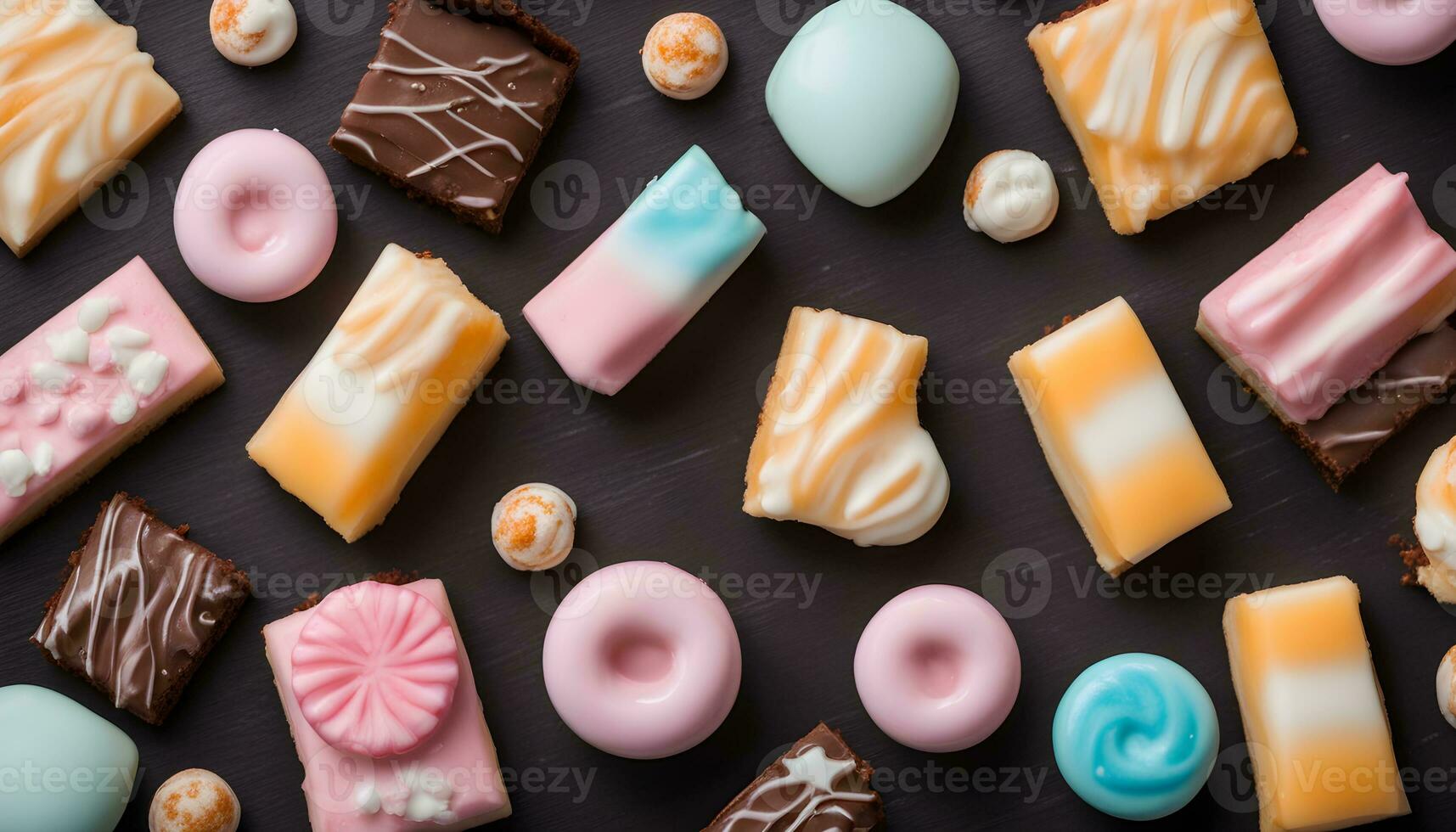 AI generated various types of candy on a black background photo