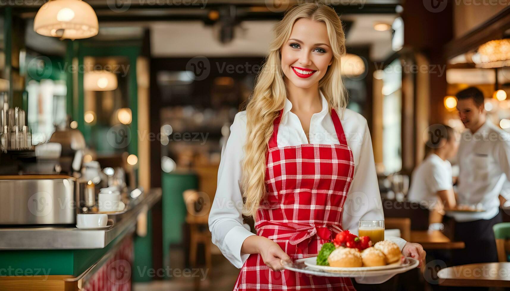 AI generated a woman in a red apron holding a plate with food photo