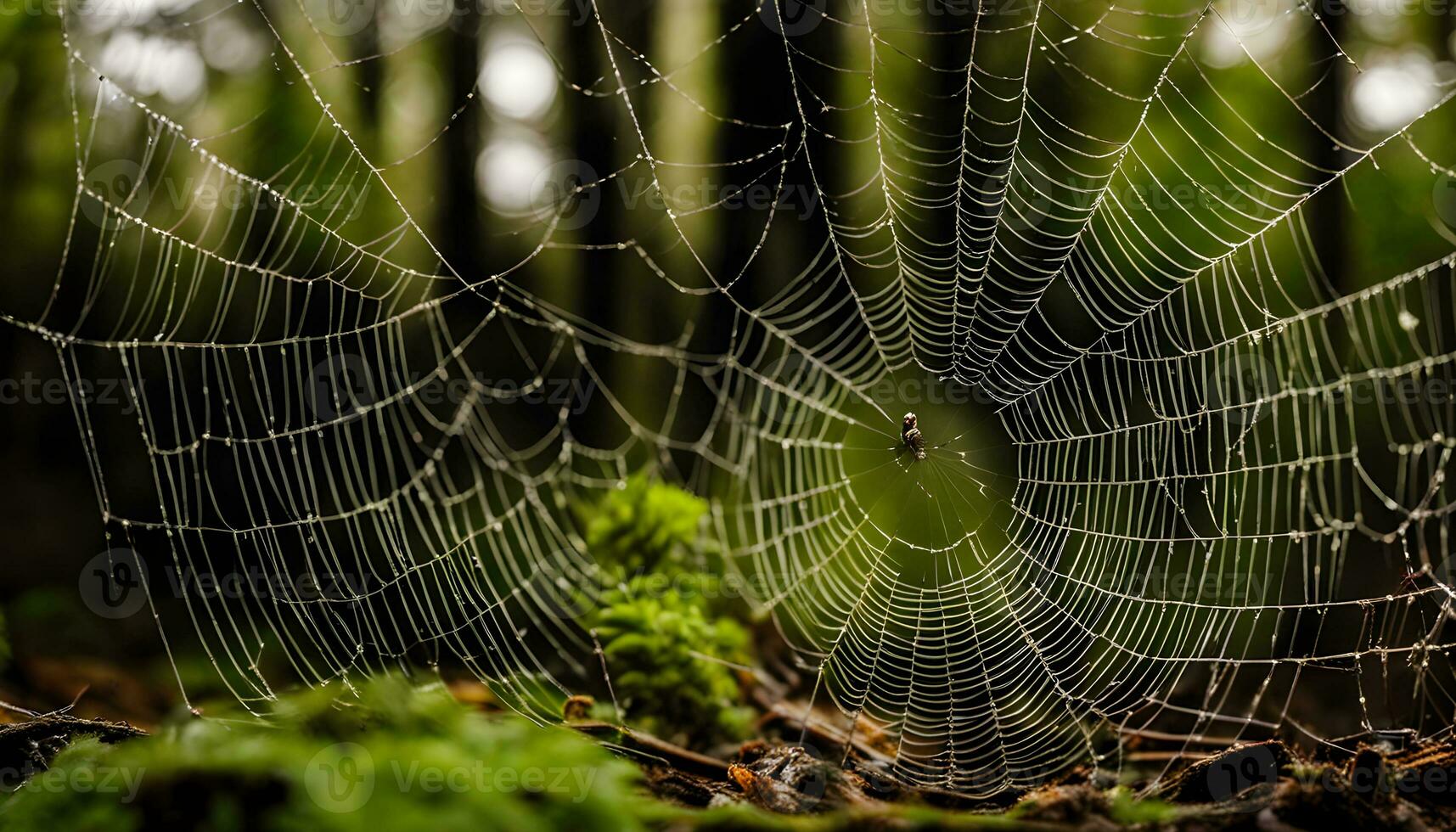 AI generated a spider web is shown in the forest photo
