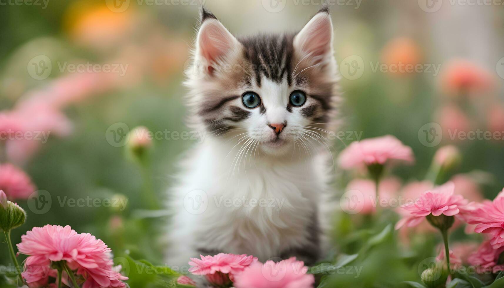 ai generado un gatito es sentado en un campo de rosado flores foto