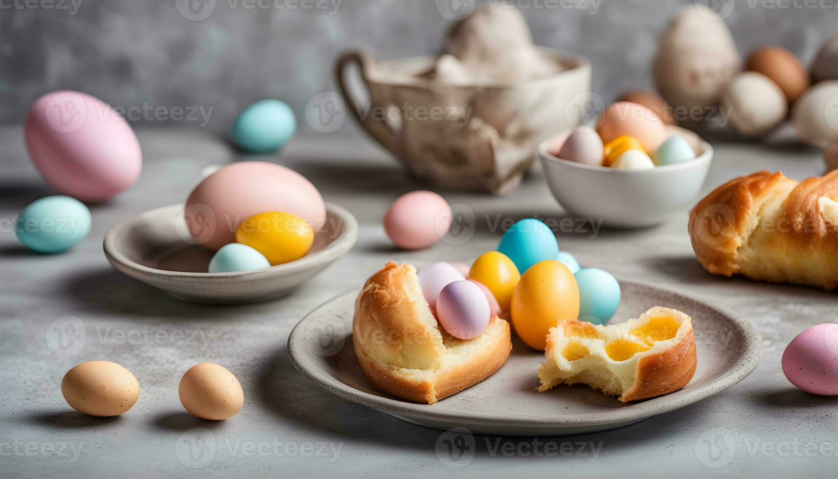 AI generated colorful easter eggs on plates with bread photo