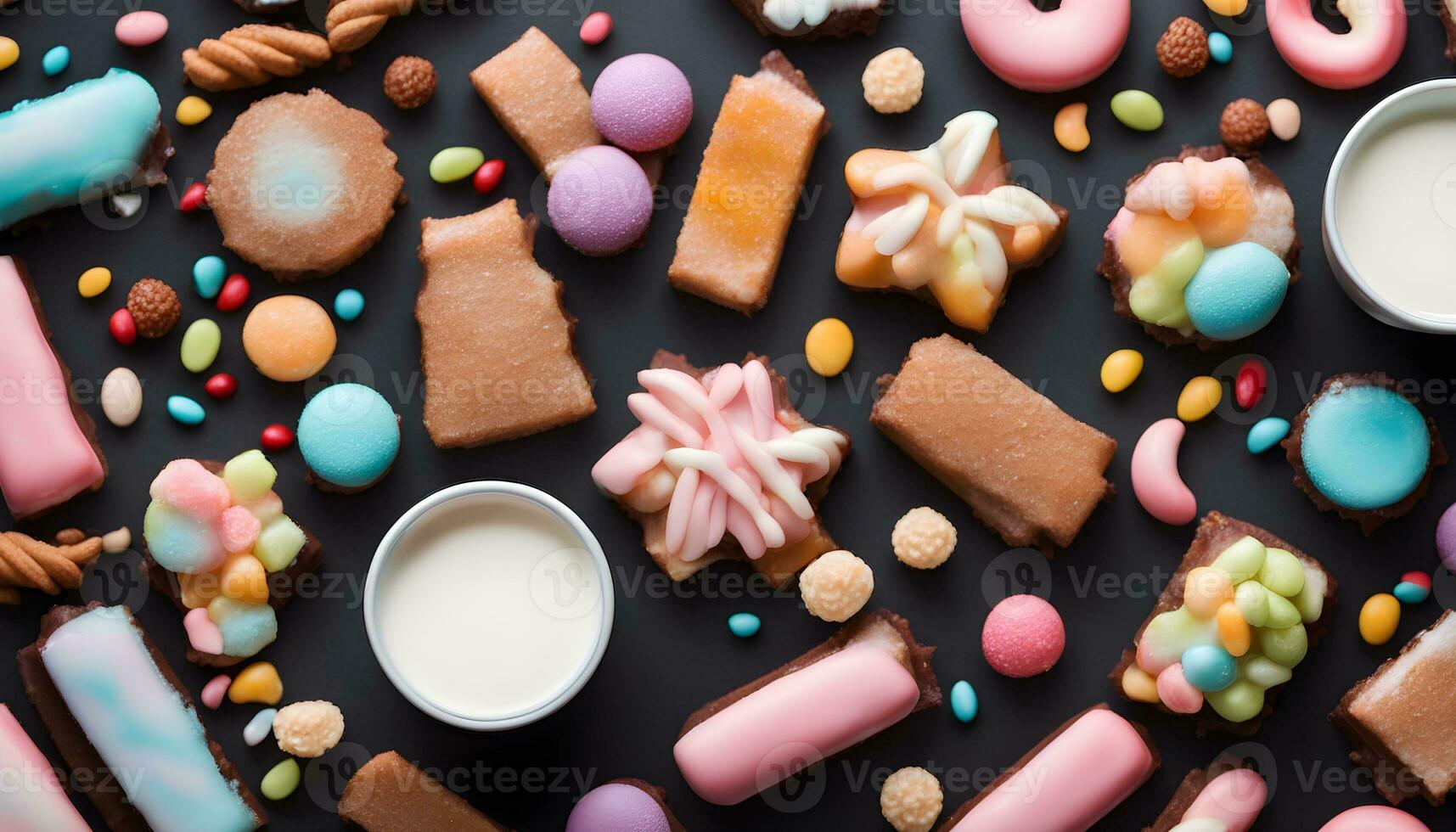 AI generated assortment of colorful sweets on a black background photo