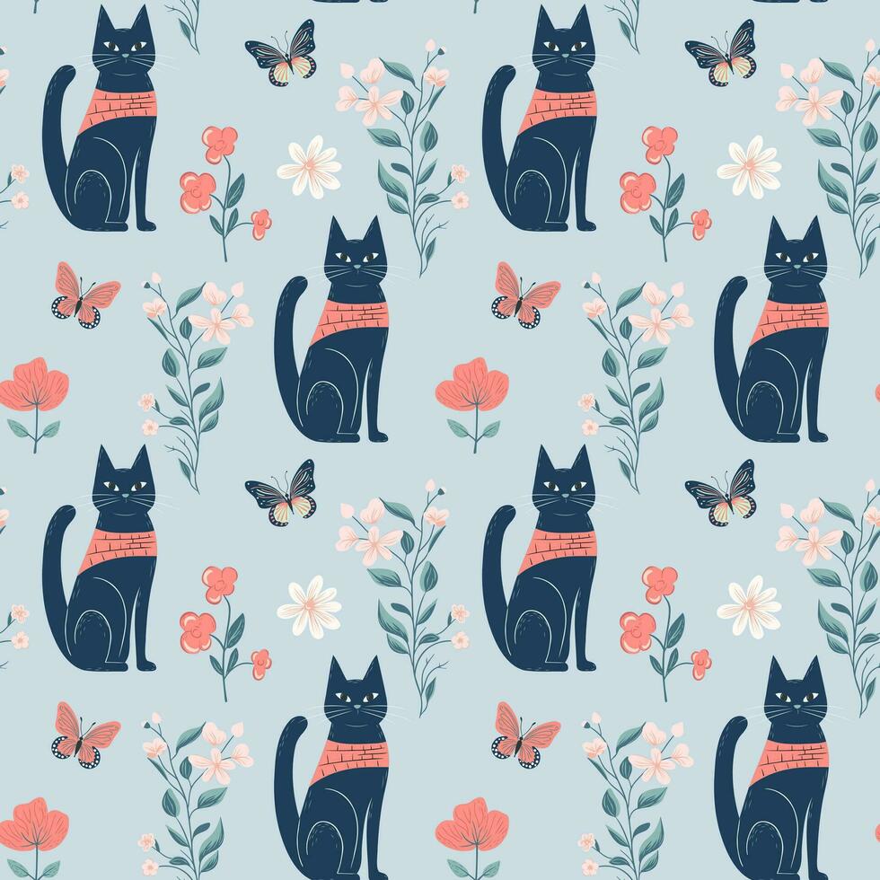 Vector seamless pattern with cats and flowers. Spring backgrounds in folk style. Floral wallpaper