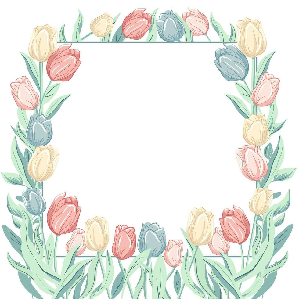 primavera marco. de moda floral diseño con tulipanes en pastel colores. para póster, saludo tarjeta, bandera. vector