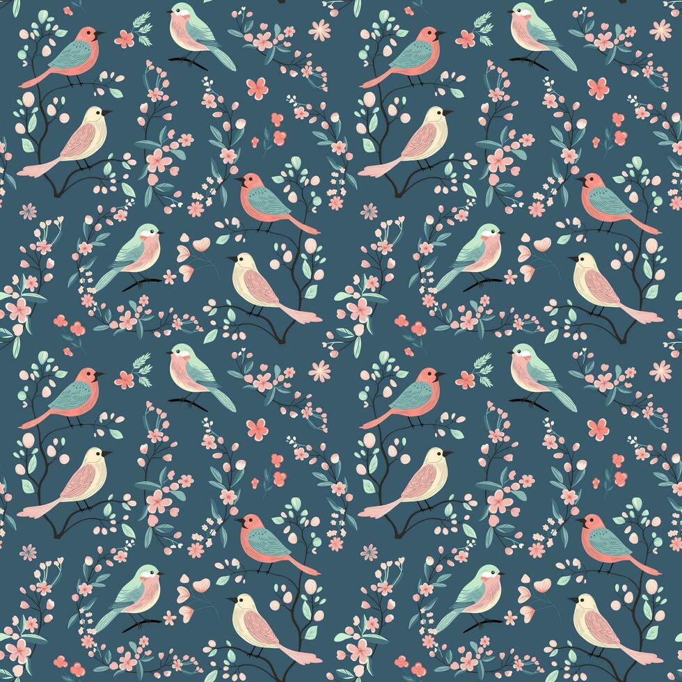 Vector seamless pattern with cute birds and flowers. Spring backgrounds. Hand drawn folk print.
