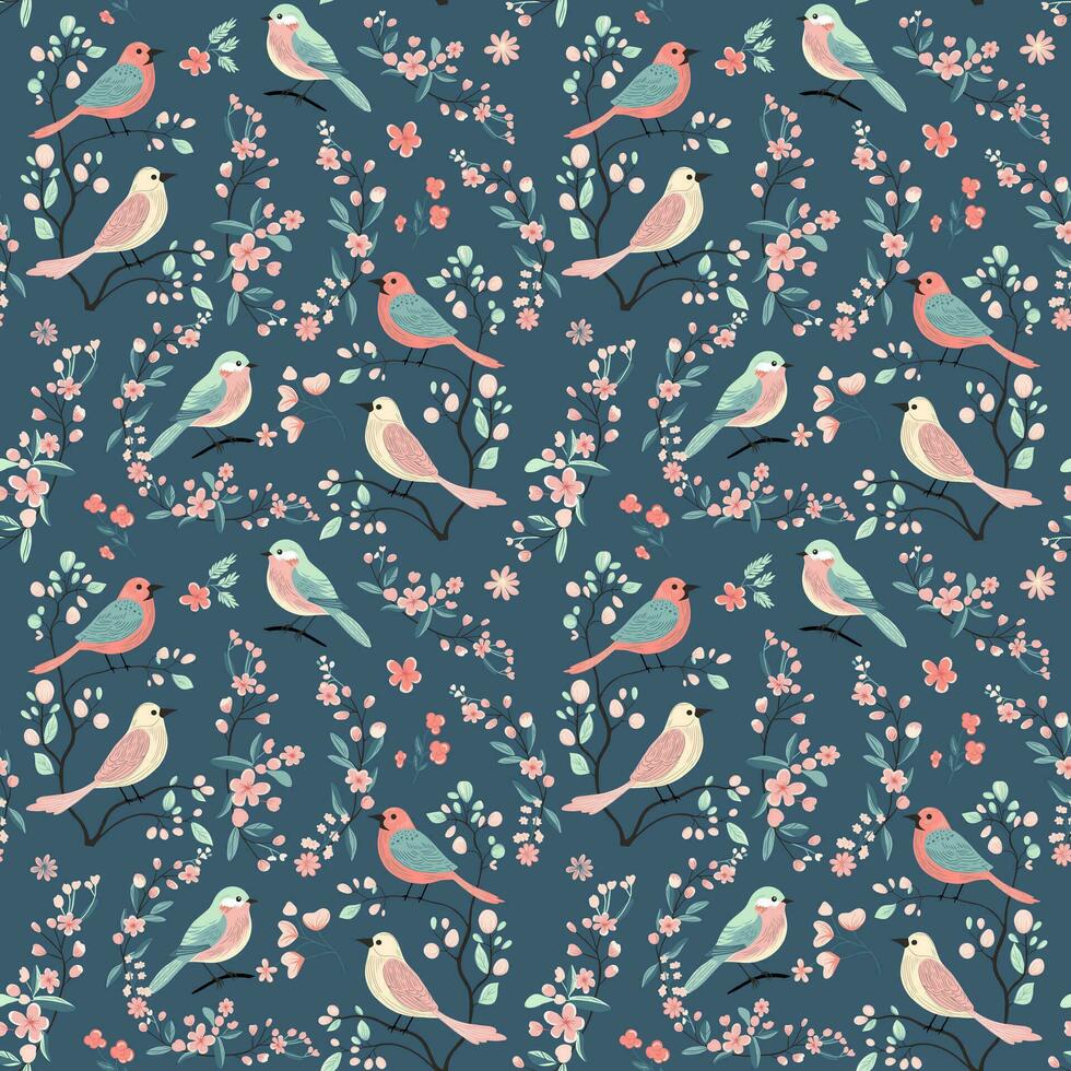 Vector seamless pattern with cute birds and flowers. Spring backgrounds. Hand drawn folk print.